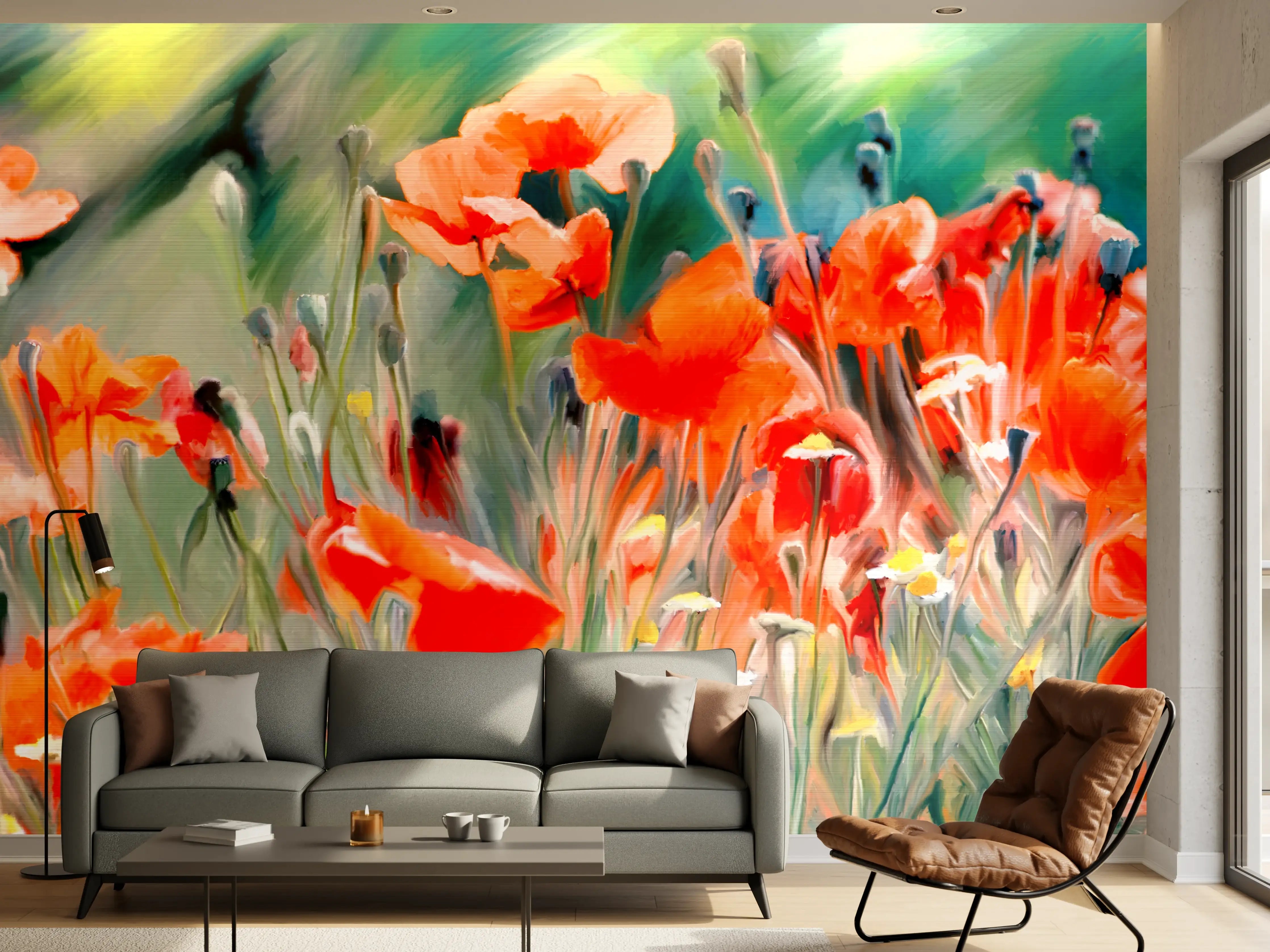 Wandverkleidung Wohnzimmer - Lebendige Mohnblumen im Feld