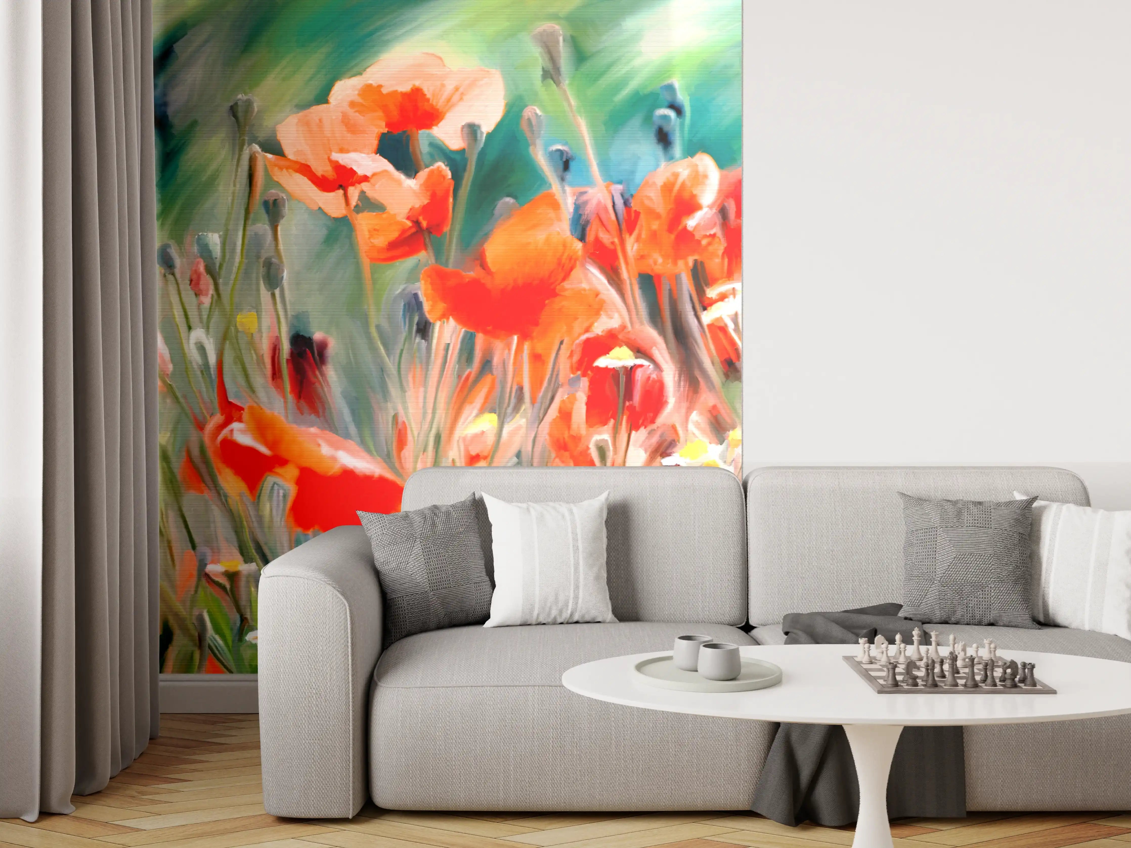 Wandverkleidung Wohnzimmer - Lebendige Mohnblumen im Feld