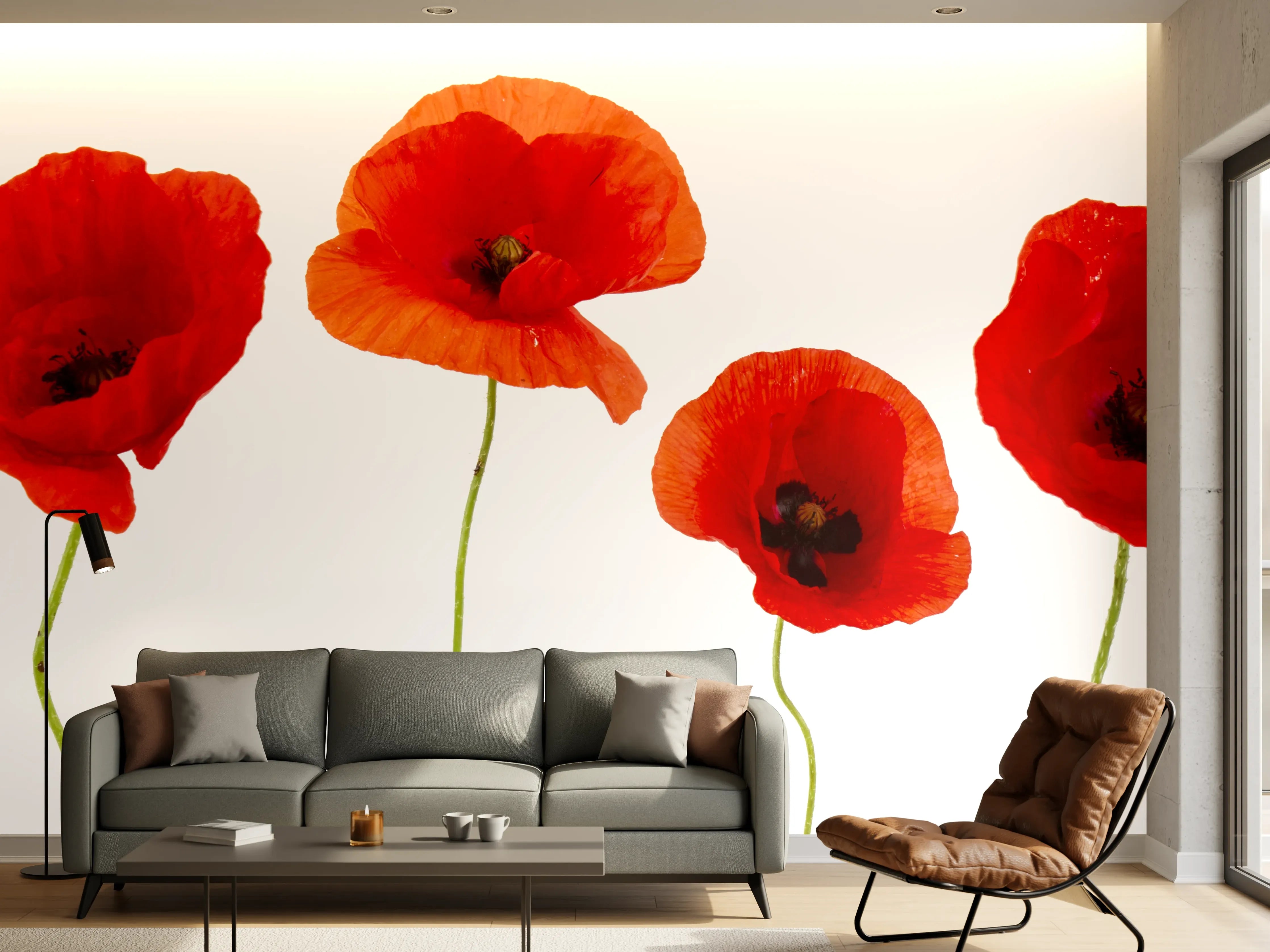 Wandverkleidung Wohnzimmer - Lebendige Mohnblumen in Blau-Weiß