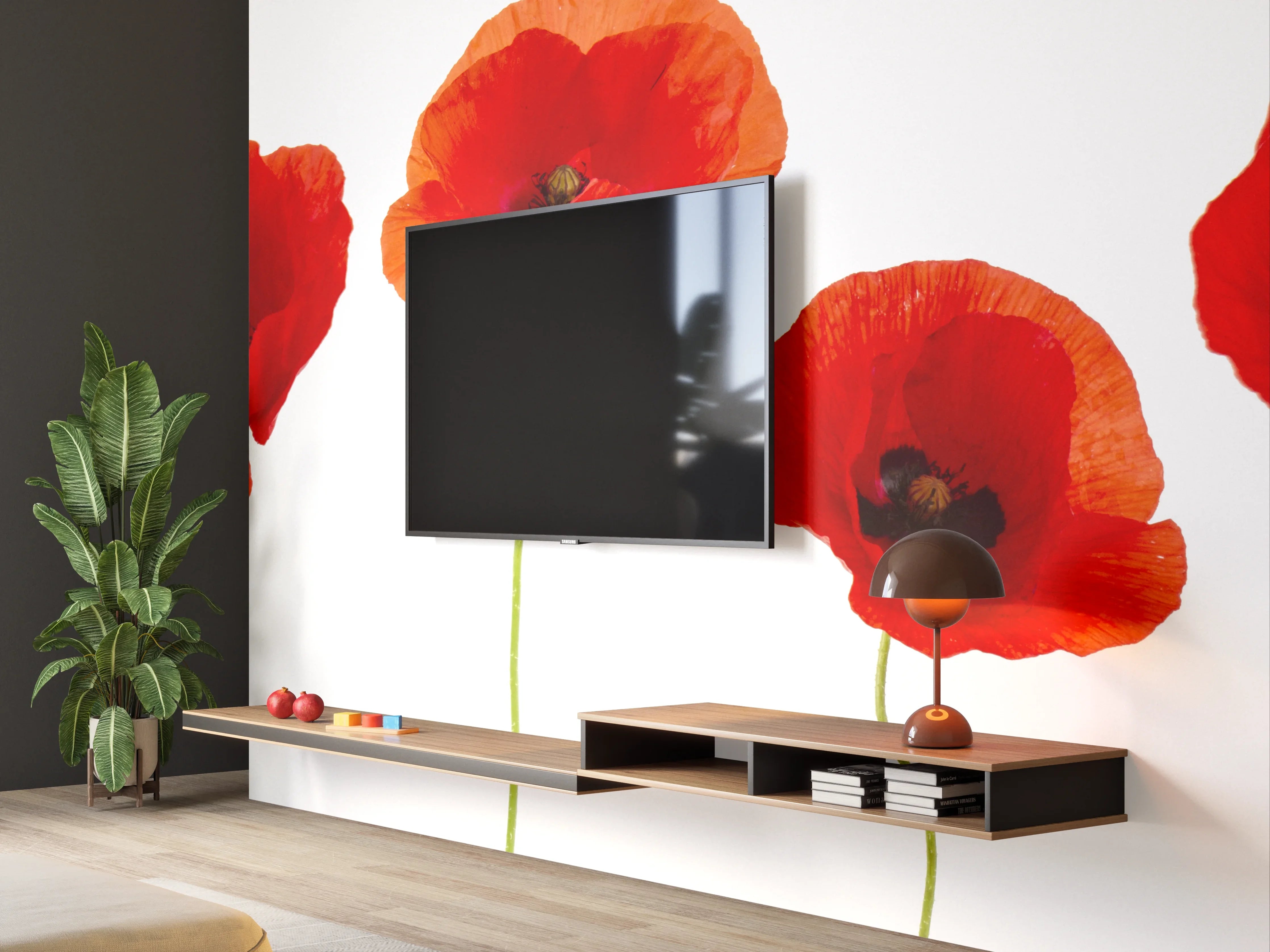 Wandverkleidung Wohnzimmer - Lebendige Mohnblumen in Blau-Weiß