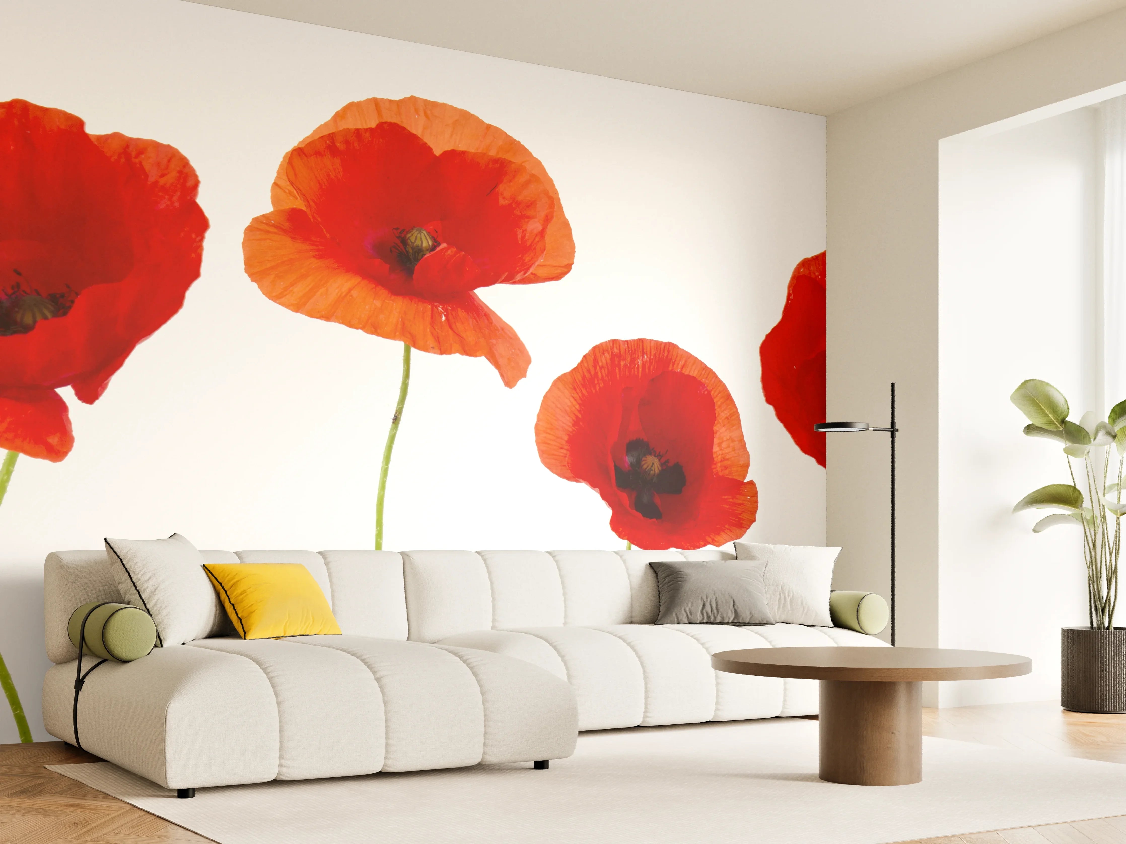 Wandverkleidung Wohnzimmer - Lebendige Mohnblumen in Blau-Weiß