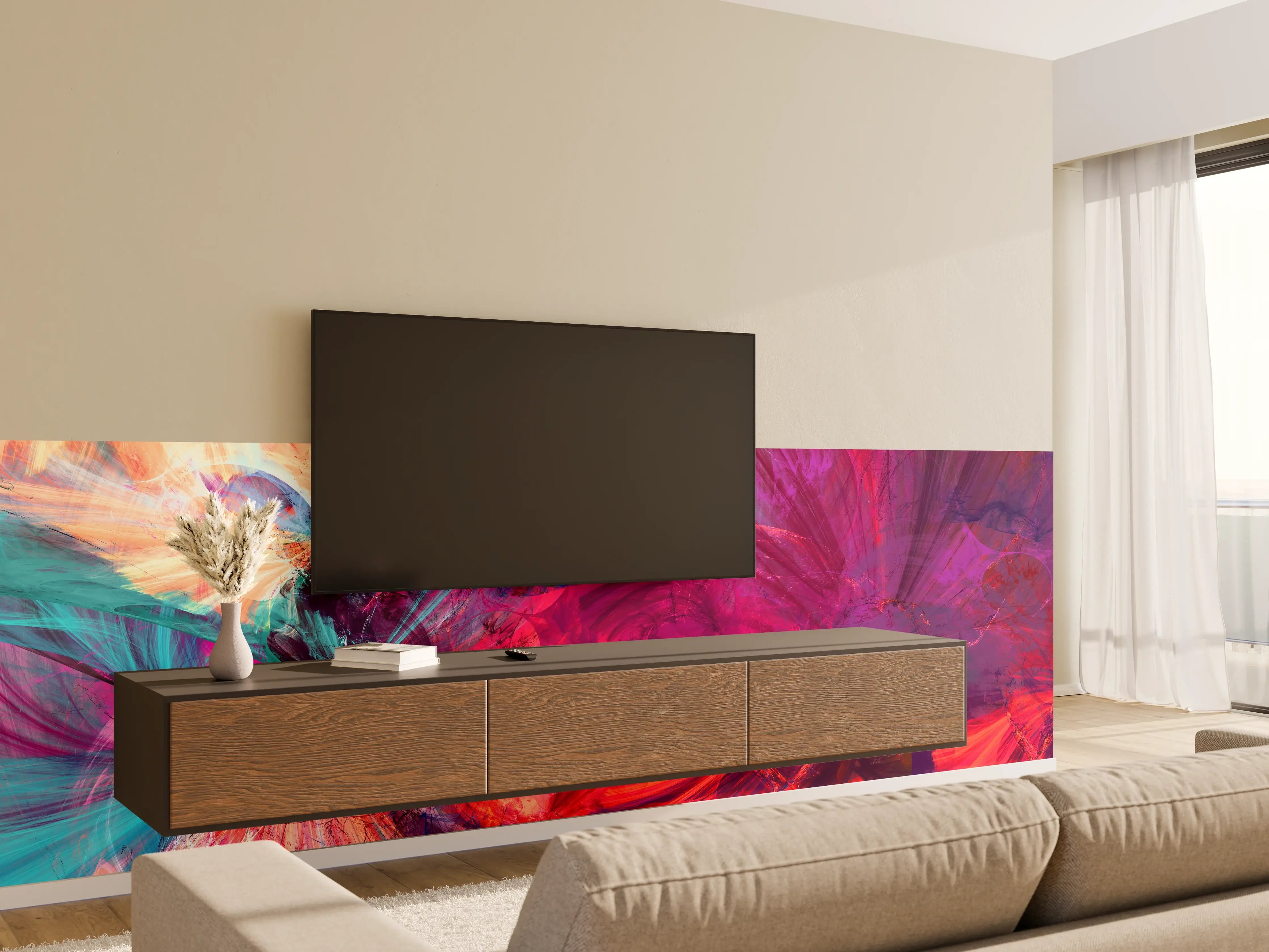 Wandverkleidung Wohnzimmer - Lebendige abstrakte Kunst in kräftigen Farben