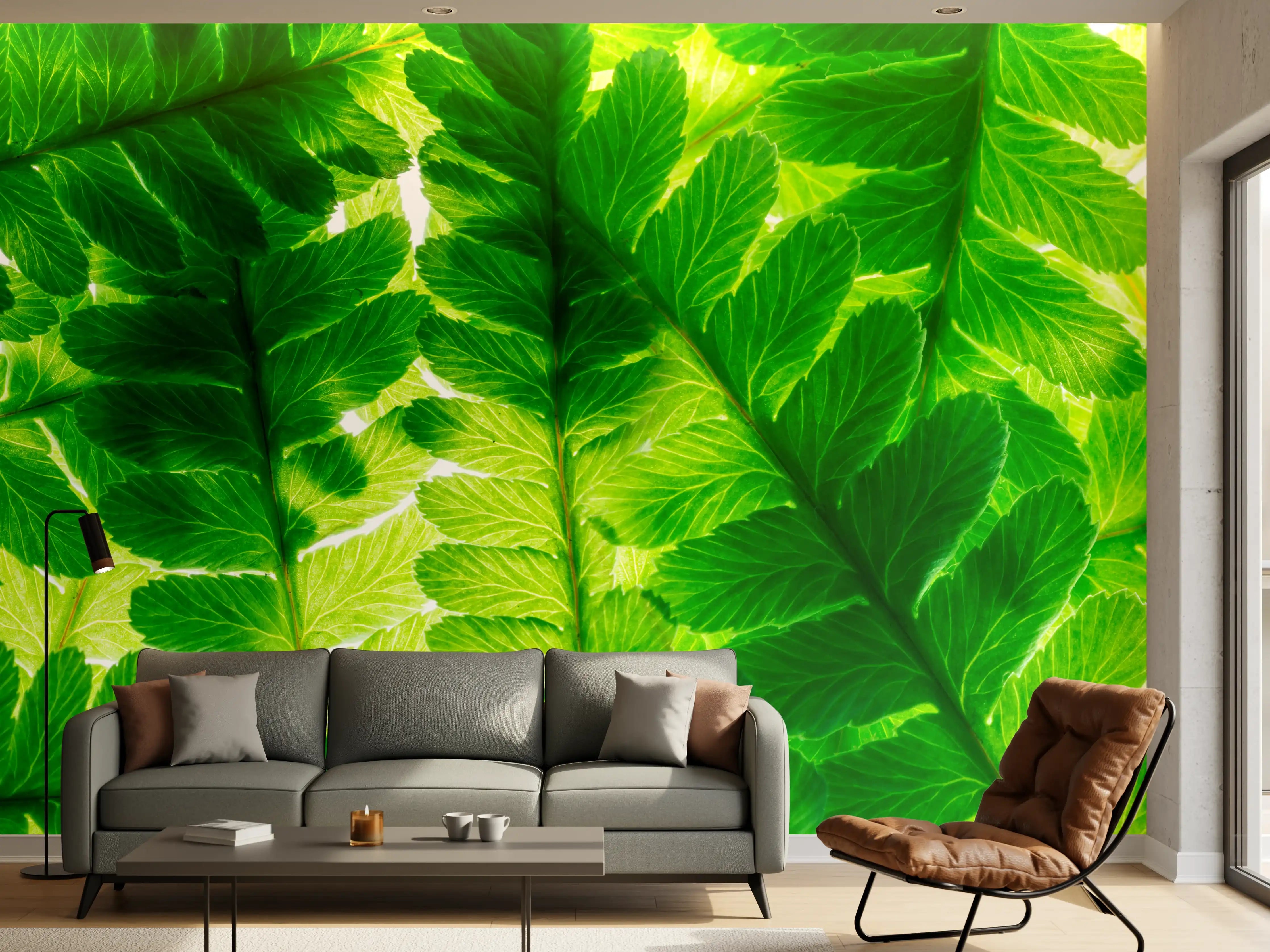 Wandverkleidung Wohnzimmer - Lebendige grüne Blätter - Dschungel-Atmosphäre