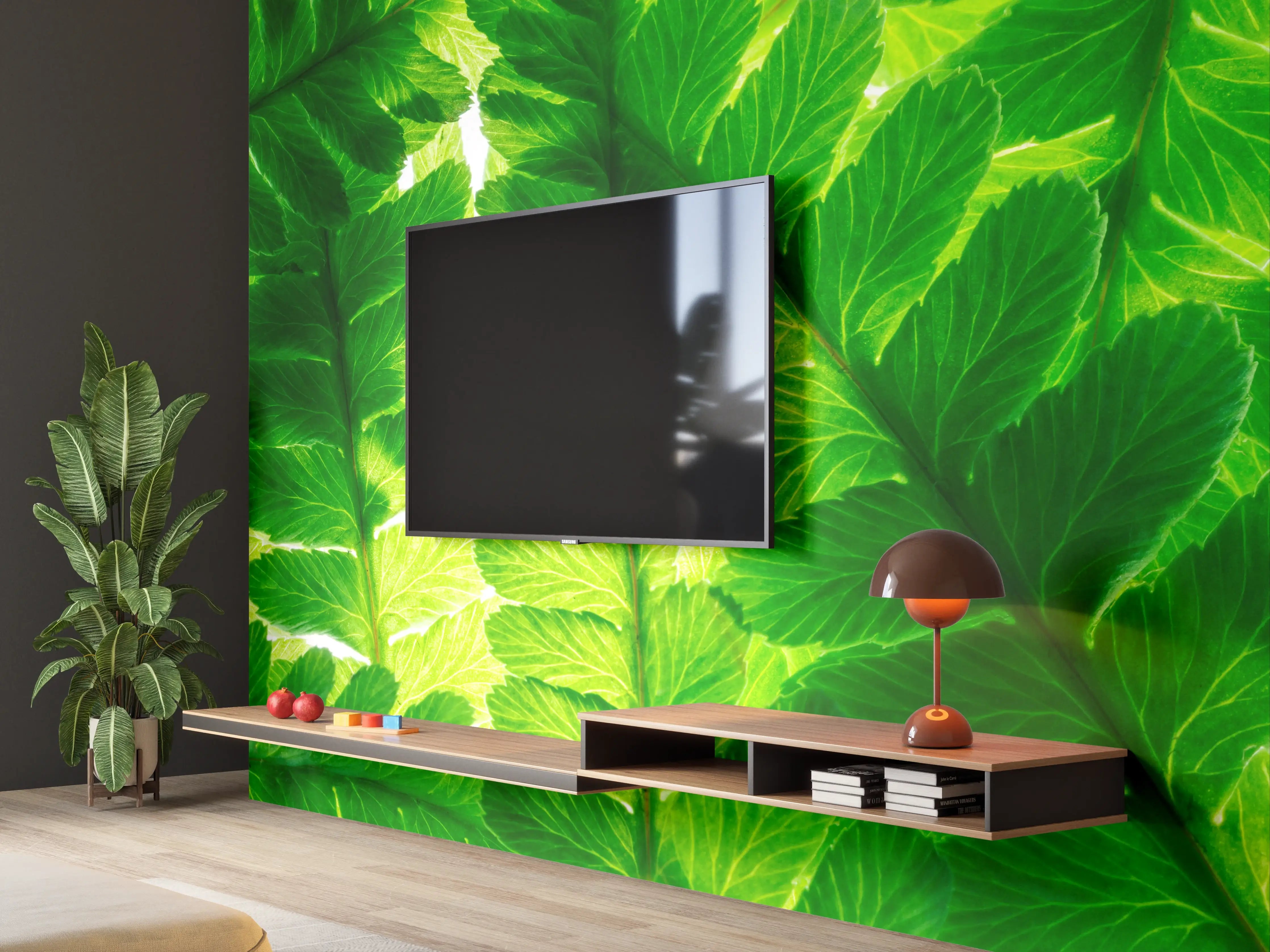 Wandverkleidung Wohnzimmer - Lebendige grüne Blätter - Dschungel-Atmosphäre