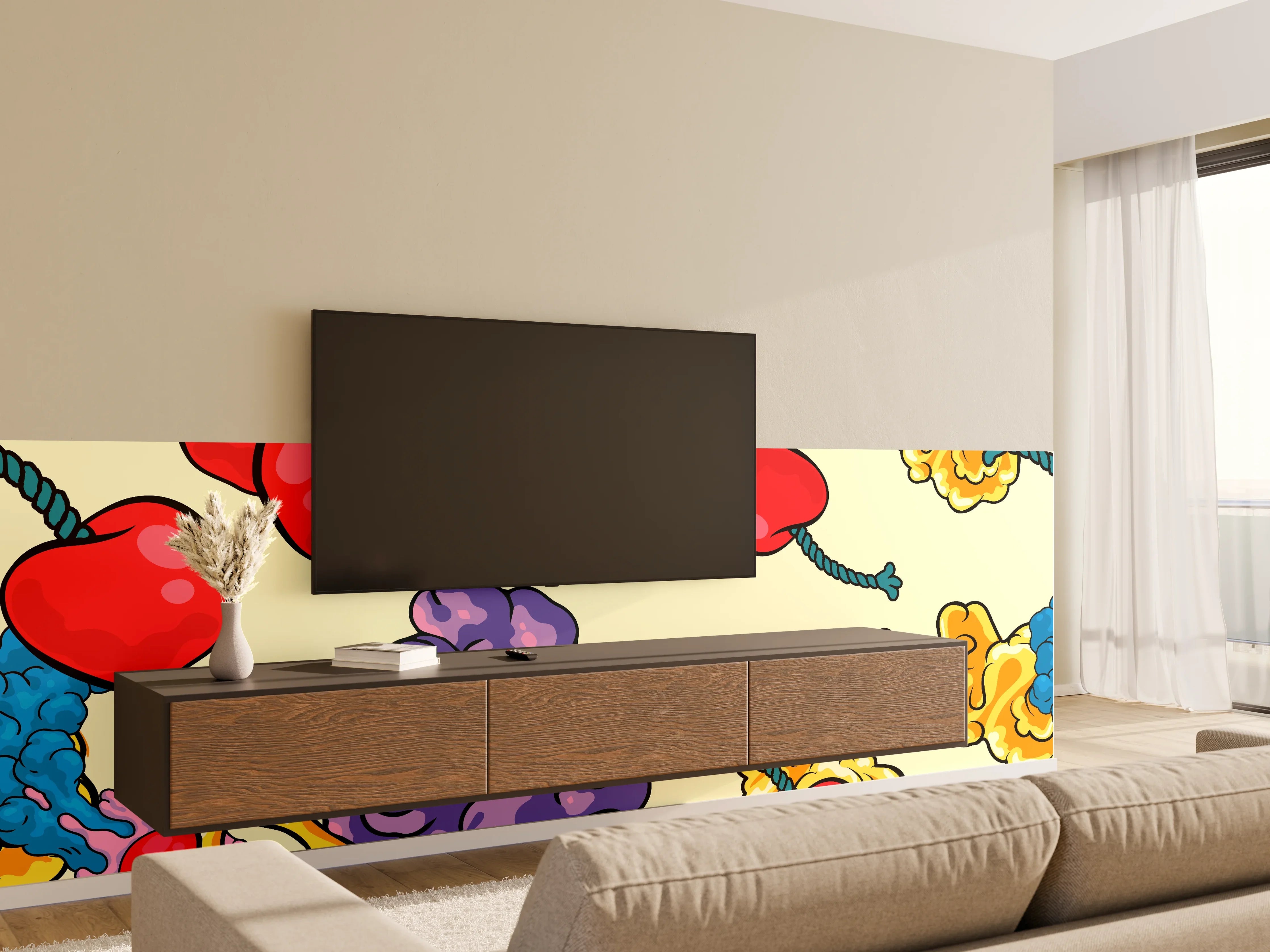Wandverkleidung Wohnzimmer - Lebendige, bunte Muster mit Kirschen und Wolken