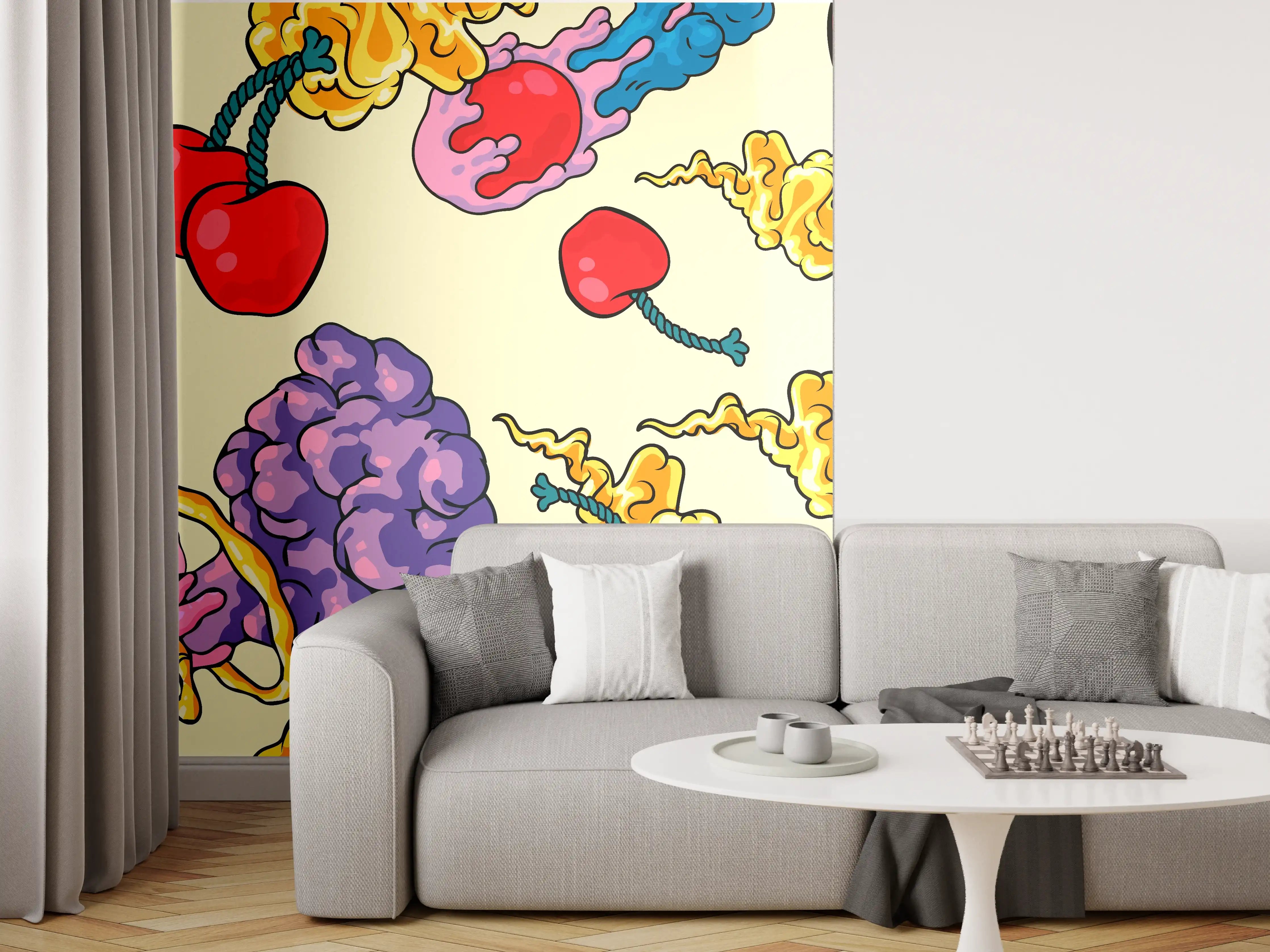 Wandverkleidung Wohnzimmer - Lebendige, bunte Muster mit Kirschen und Wolken