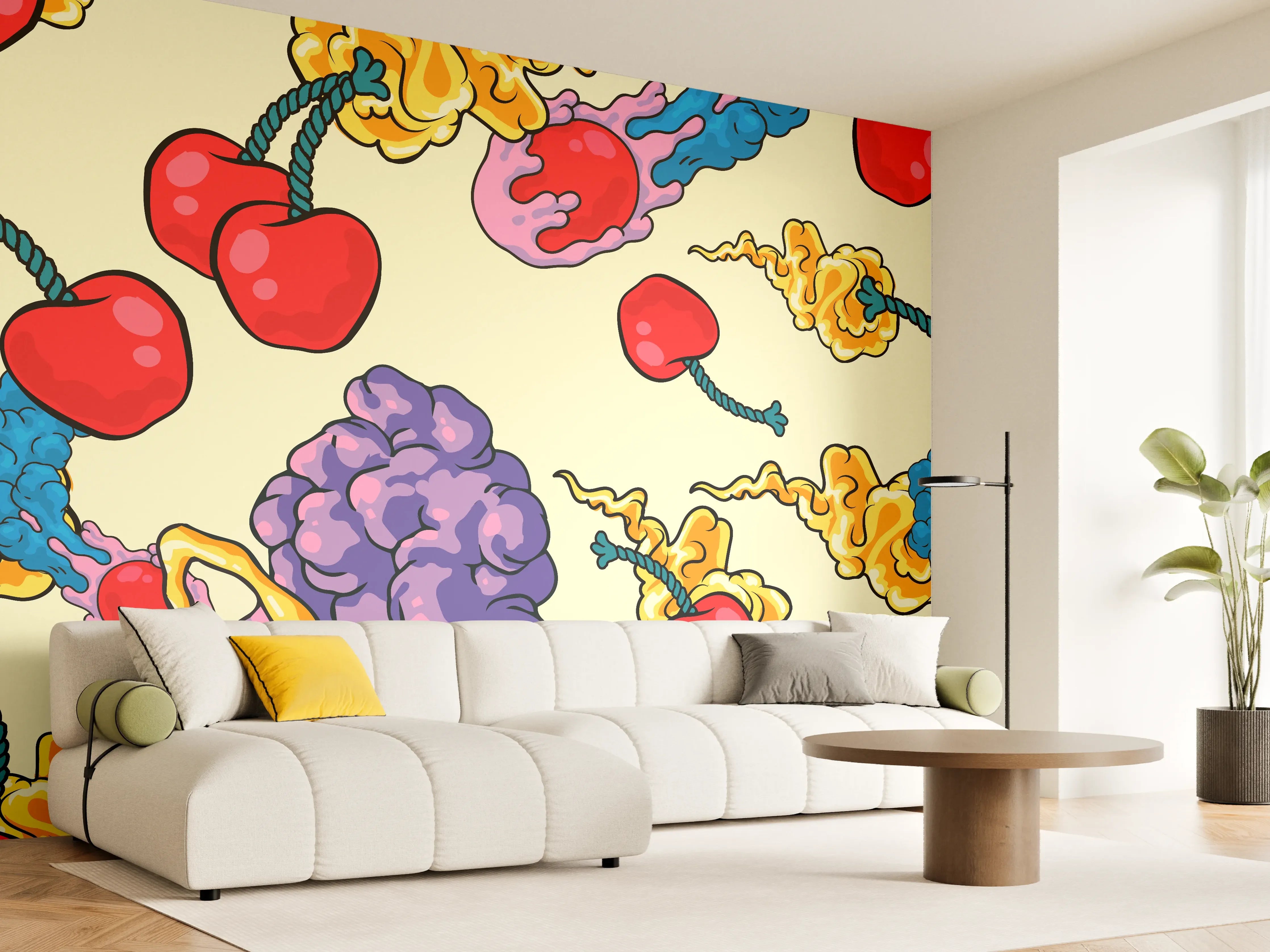 Wandverkleidung Wohnzimmer - Lebendige, bunte Muster mit Kirschen und Wolken