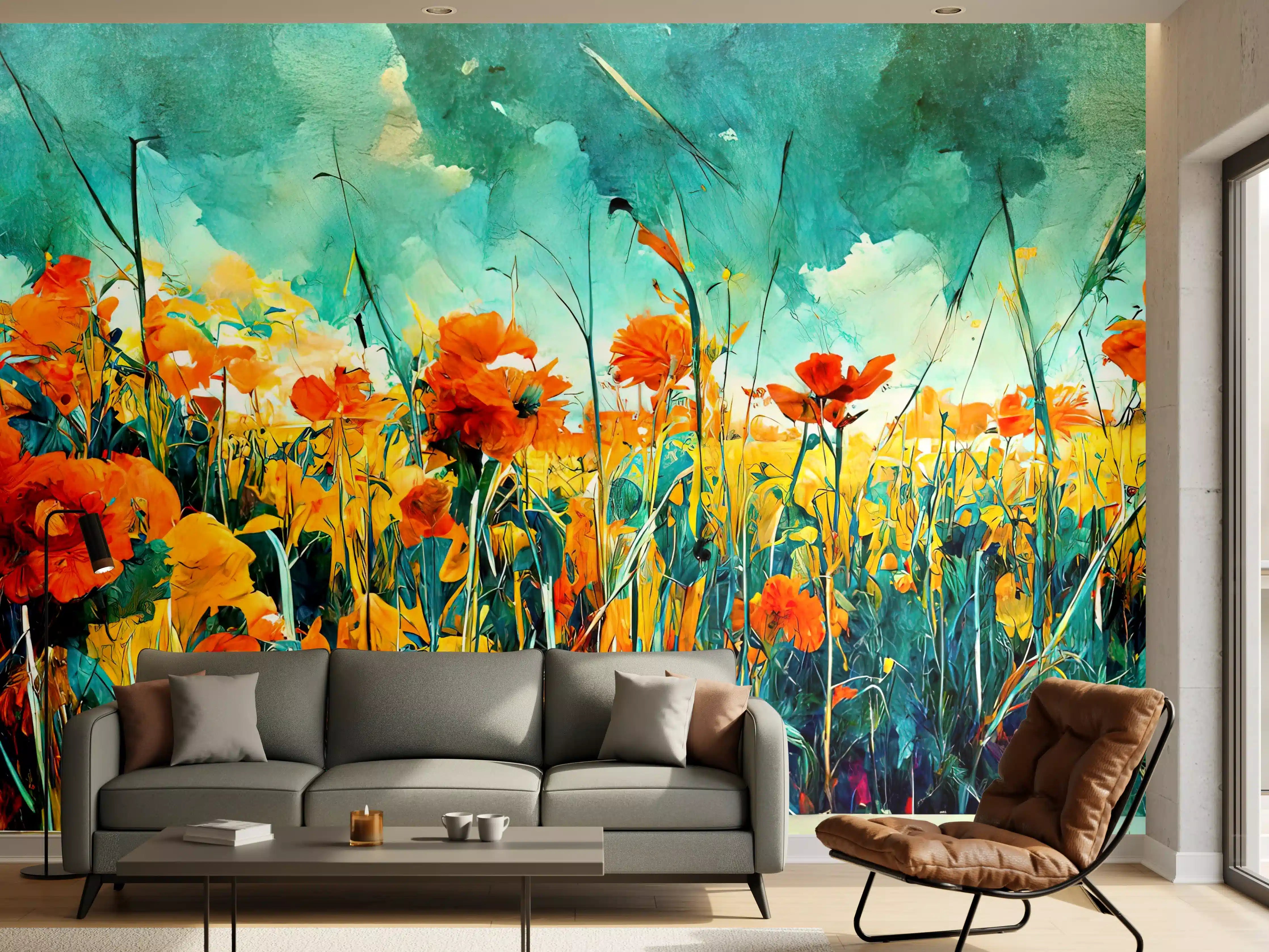 Wandverkleidung Wohnzimmer - Lebendiges Blumenmeer in Wasserfarben