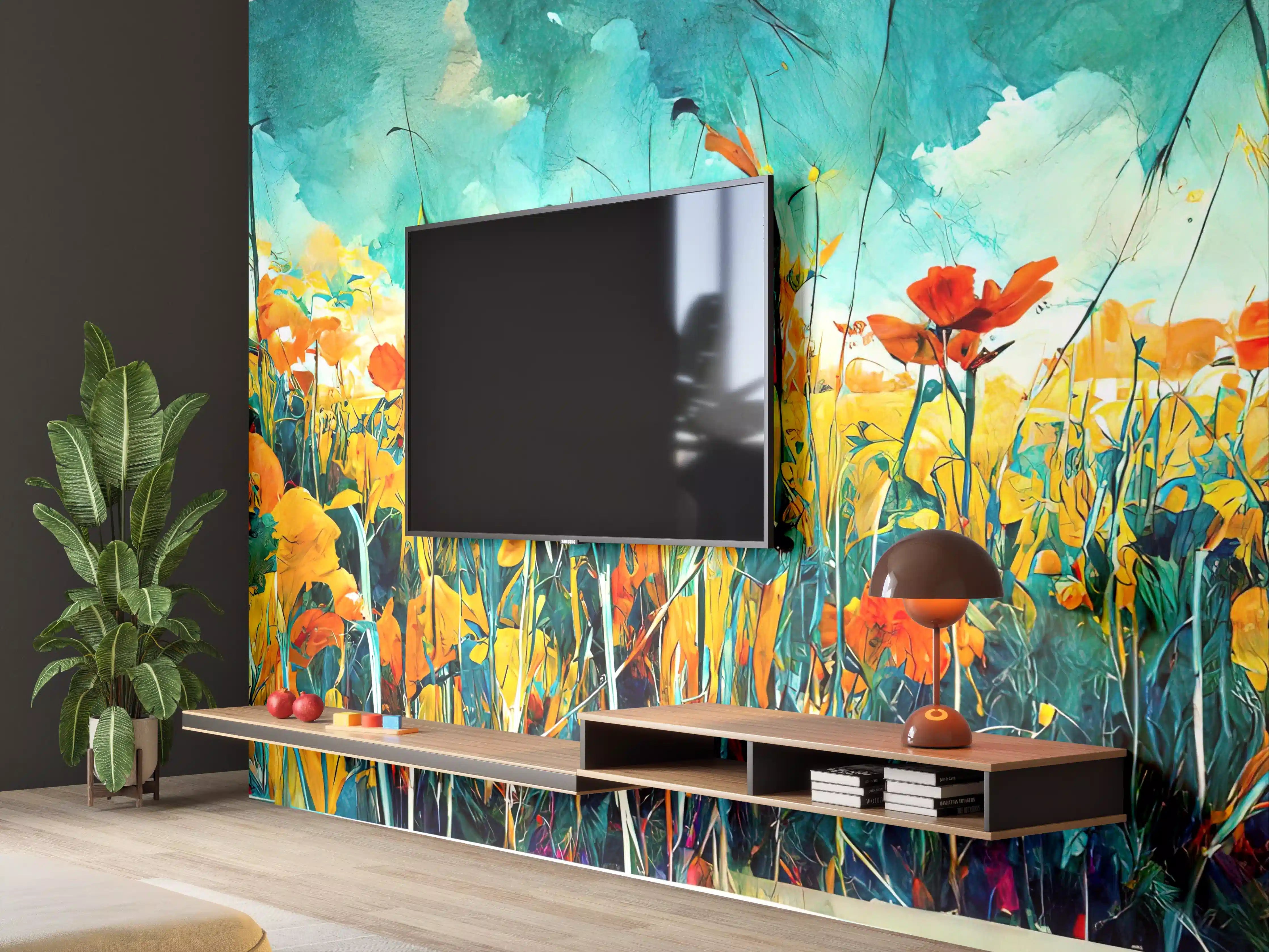 Wandverkleidung Wohnzimmer - Lebendiges Blumenmeer in Wasserfarben