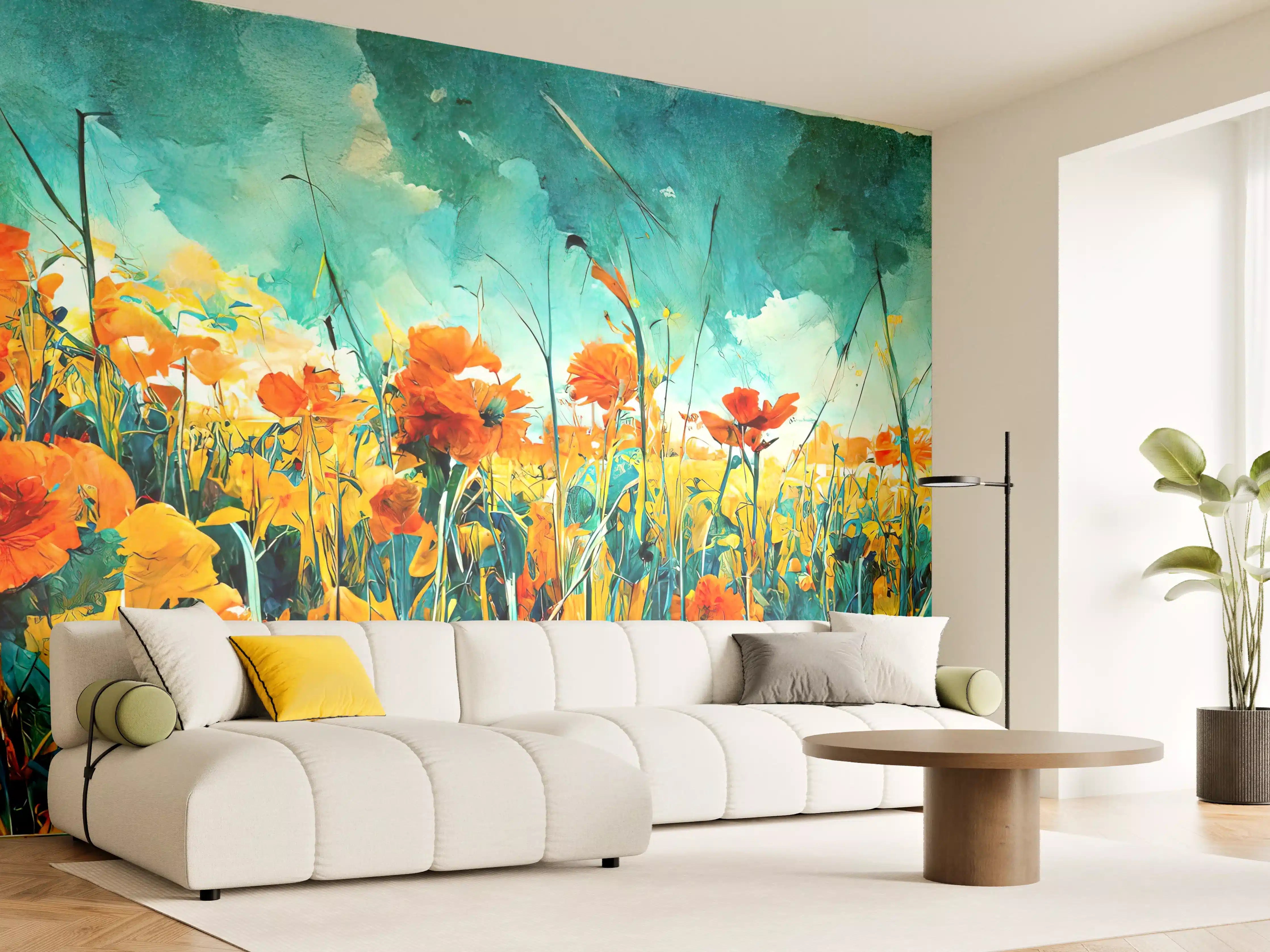 Wandverkleidung Wohnzimmer - Lebendiges Blumenmeer in Wasserfarben