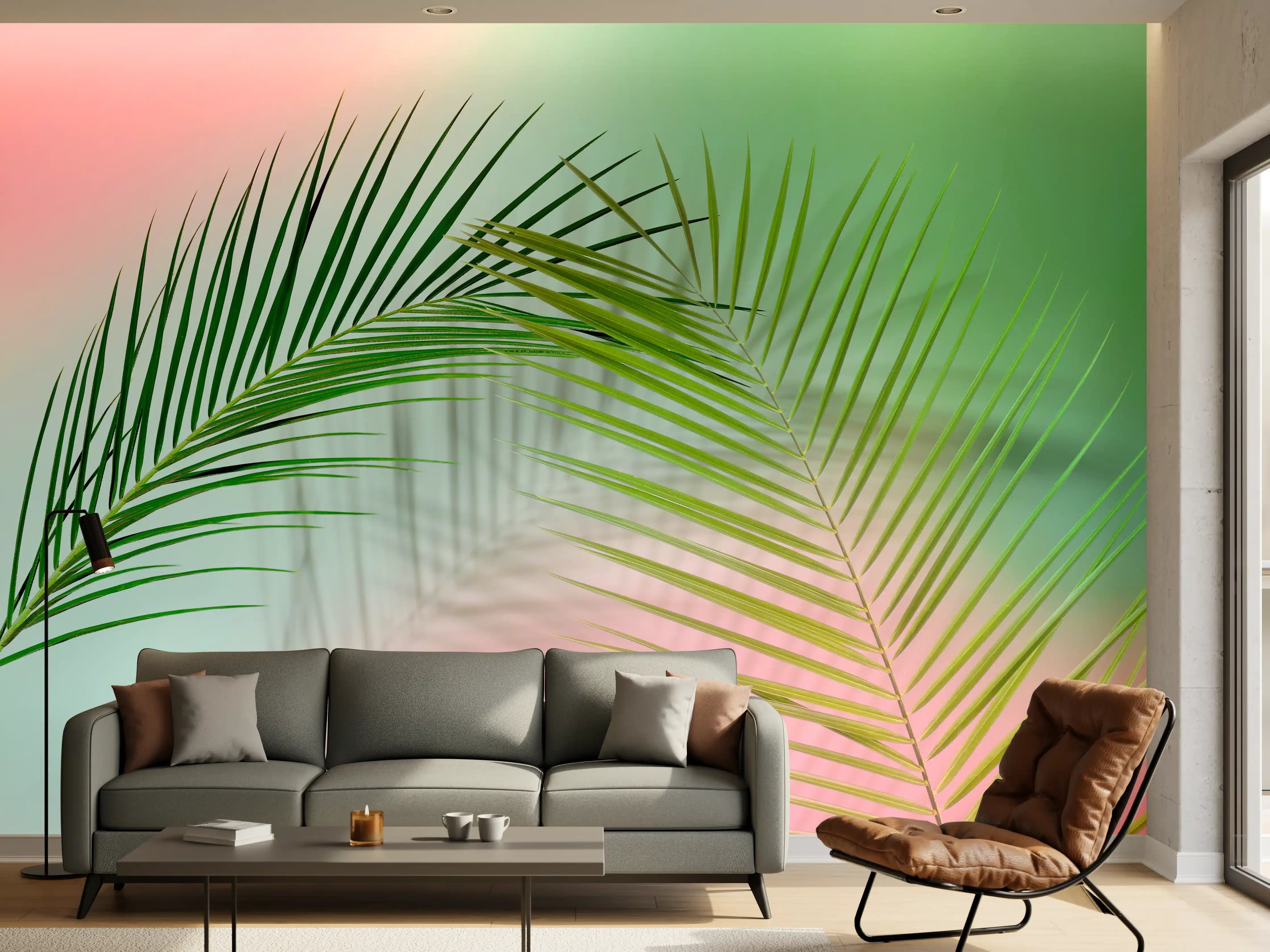 Wandverkleidung Wohnzimmer - Leichte Palmenblätter vor pastellfarbenem Hintergrund