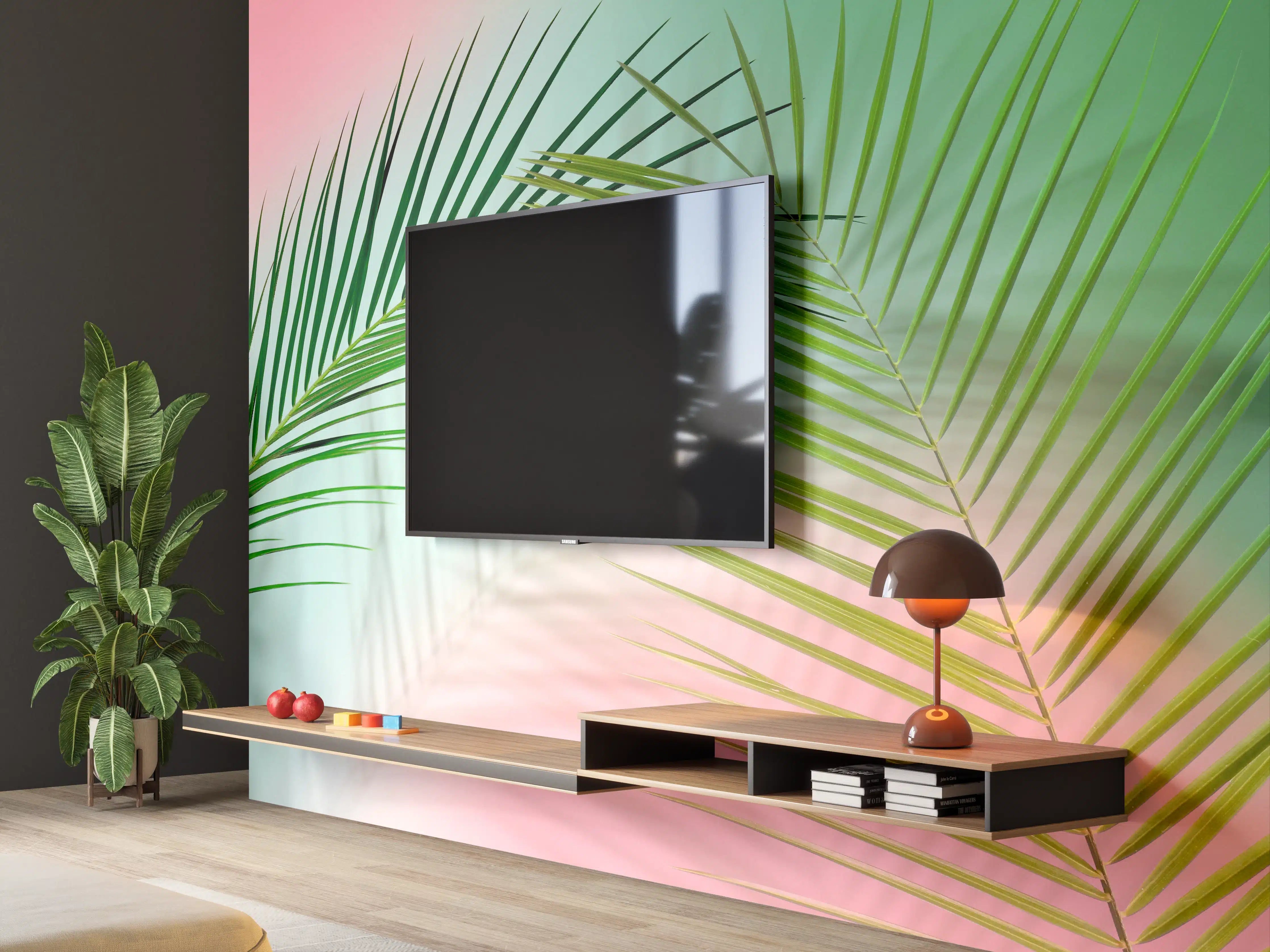 Wandverkleidung Wohnzimmer - Leichte Palmenblätter vor pastellfarbenem Hintergrund