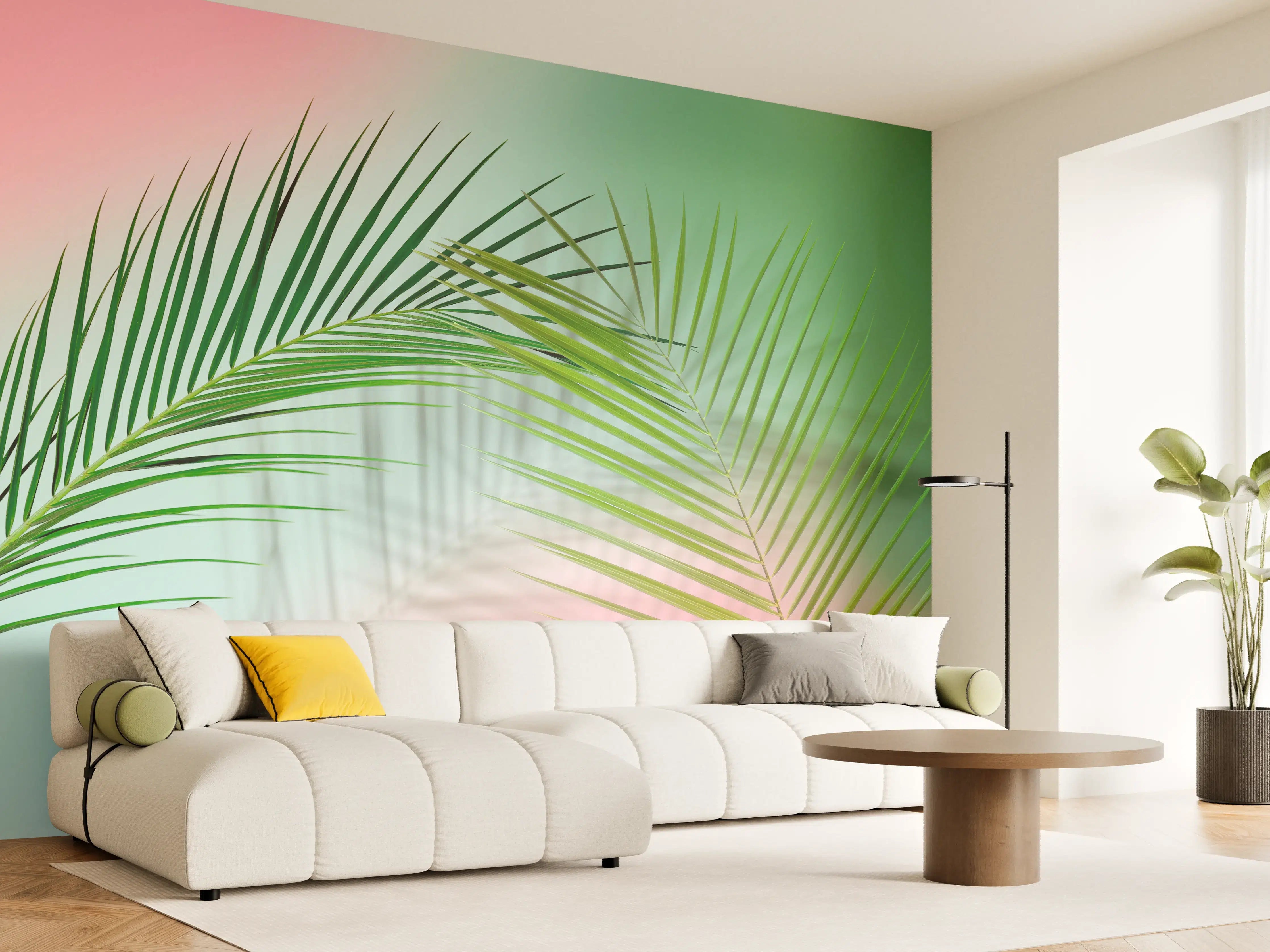 Wandverkleidung Wohnzimmer - Leichte Palmenblätter vor pastellfarbenem Hintergrund