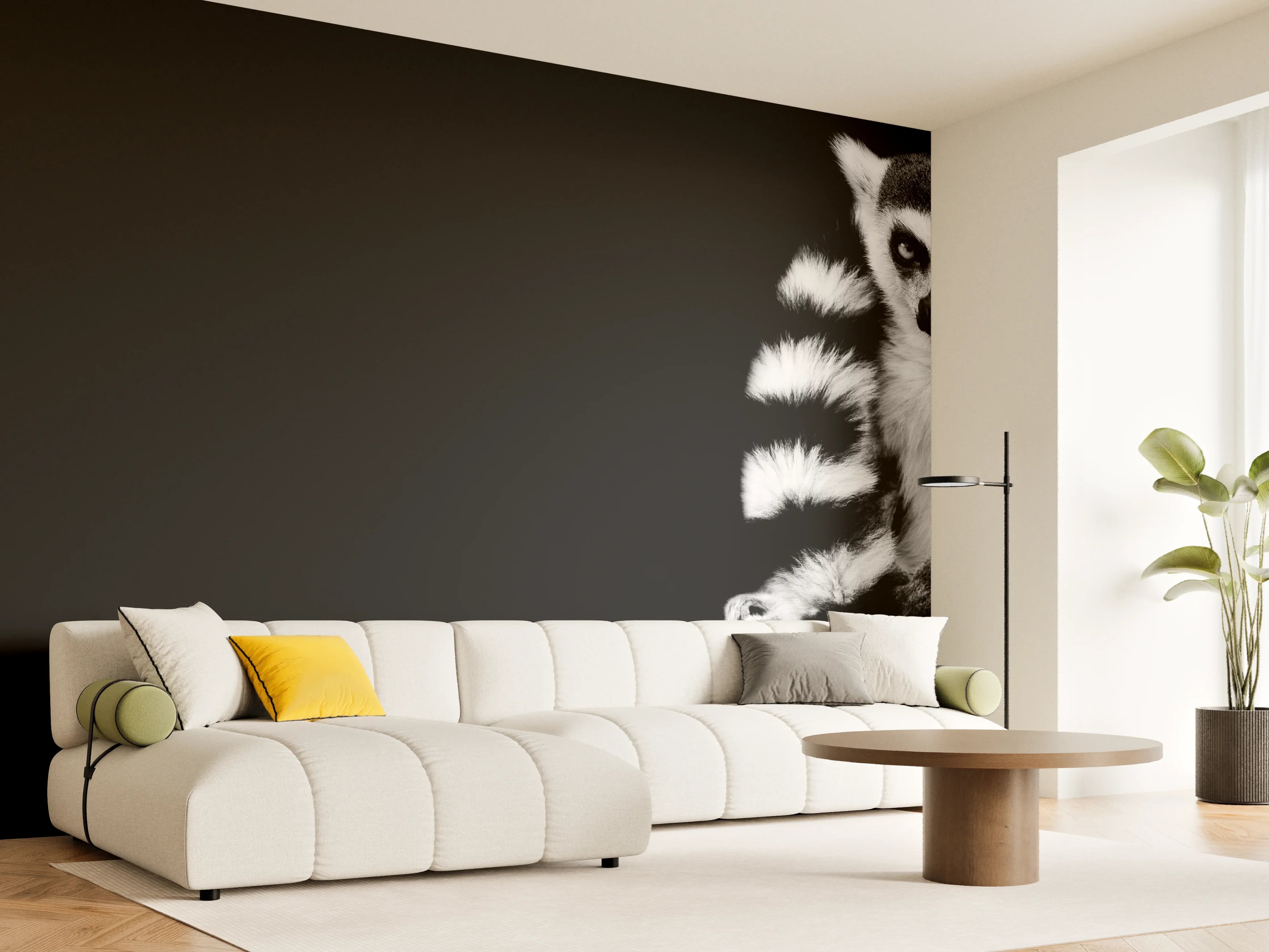 Wandverkleidung Wohnzimmer - Lemur auf schwarzem Hintergrund