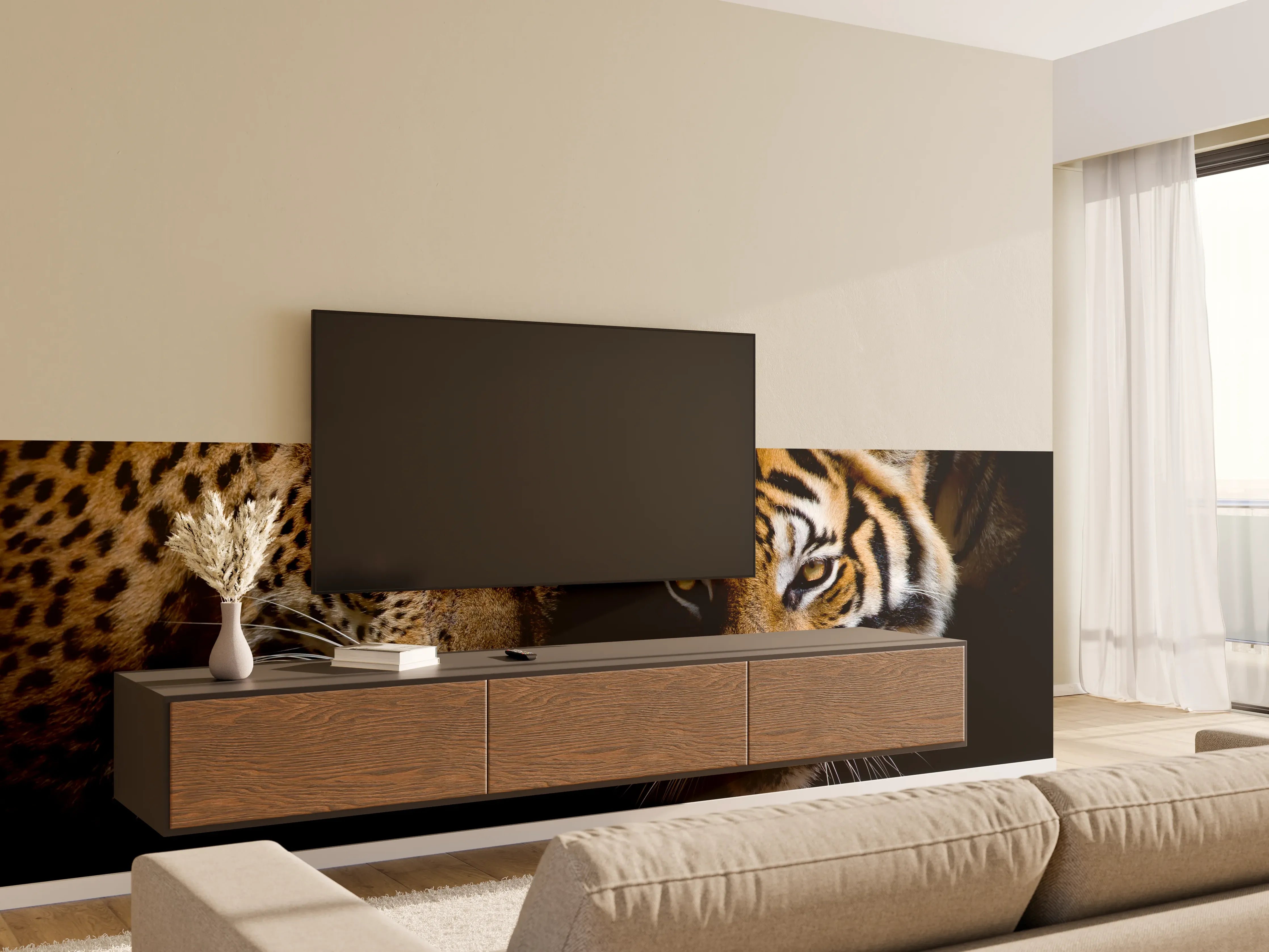 Wandverkleidung Wohnzimmer - Leopard und Tiger isoliert auf schwarzen Hintergrund
