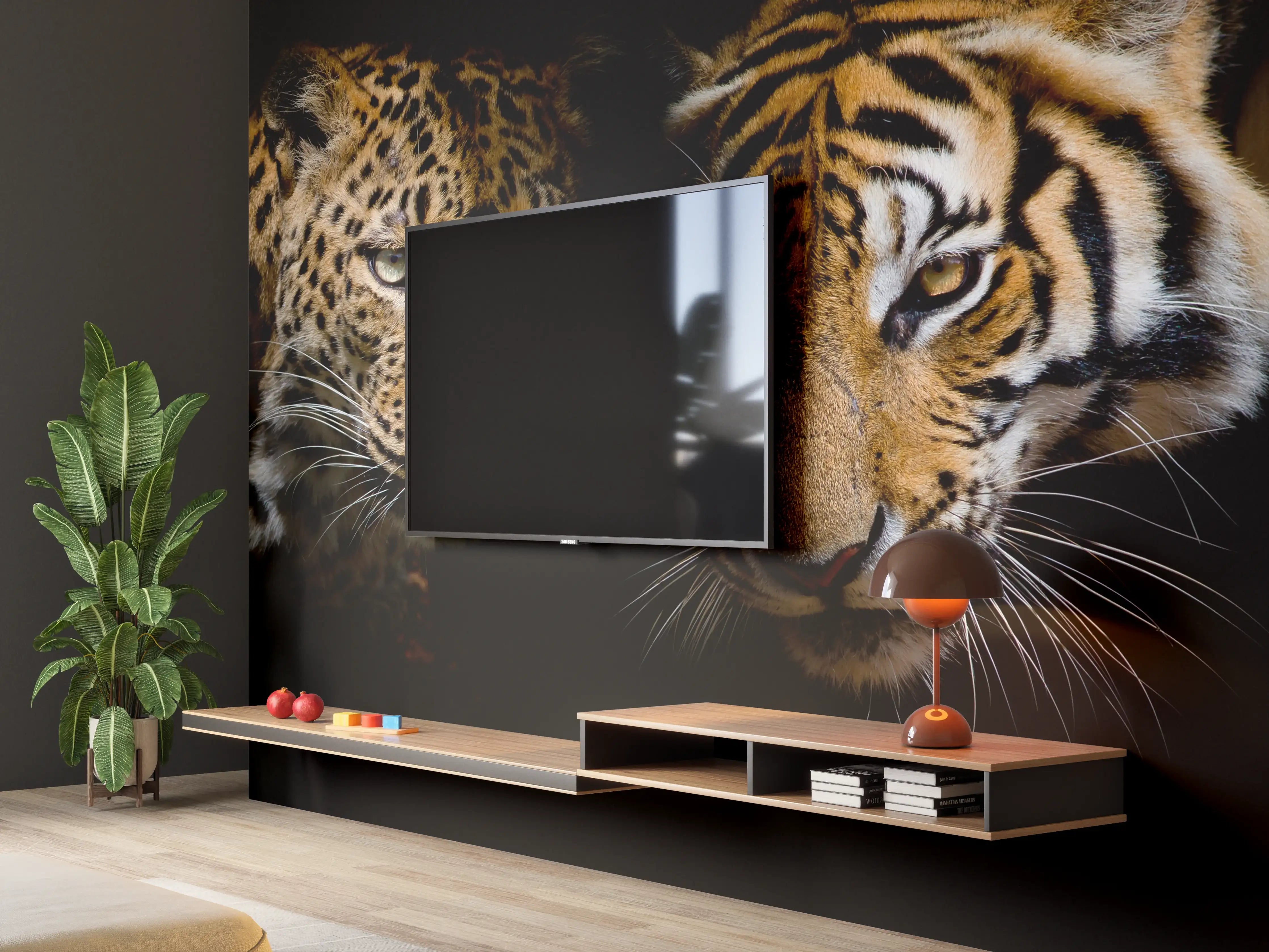 Wandverkleidung Wohnzimmer - Leopard und Tiger isoliert auf schwarzen Hintergrund