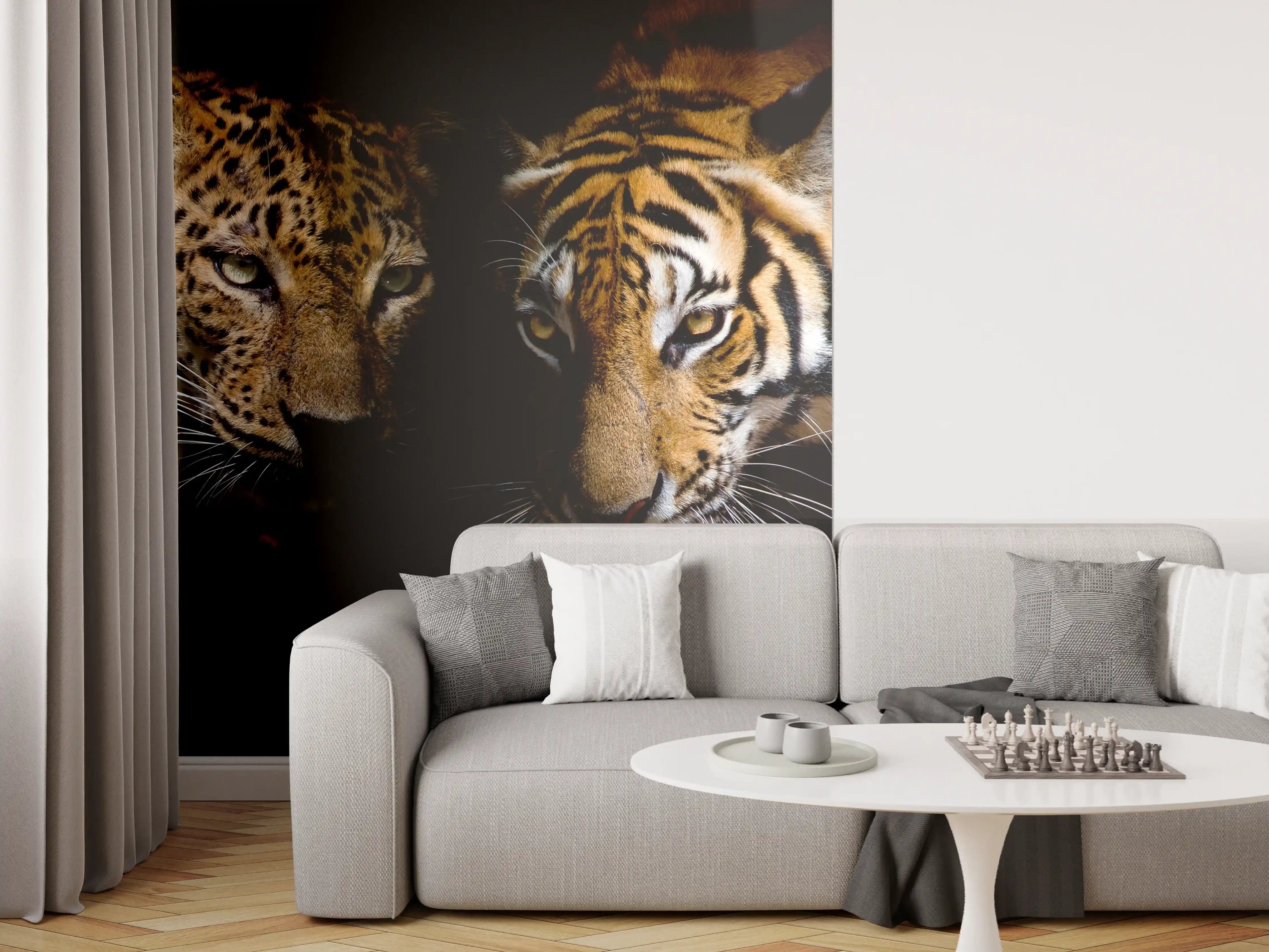 Wandverkleidung Wohnzimmer - Leopard und Tiger isoliert auf schwarzen Hintergrund
