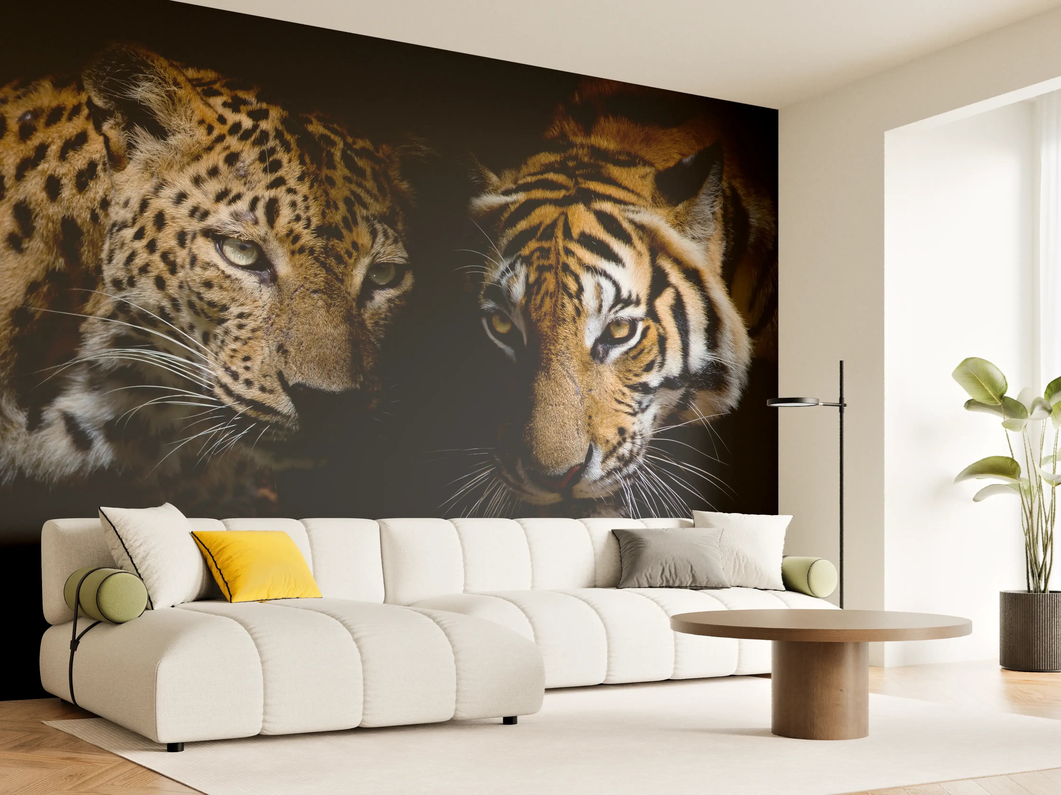 Wandverkleidung Wohnzimmer - Leopard und Tiger isoliert auf schwarzen Hintergrund