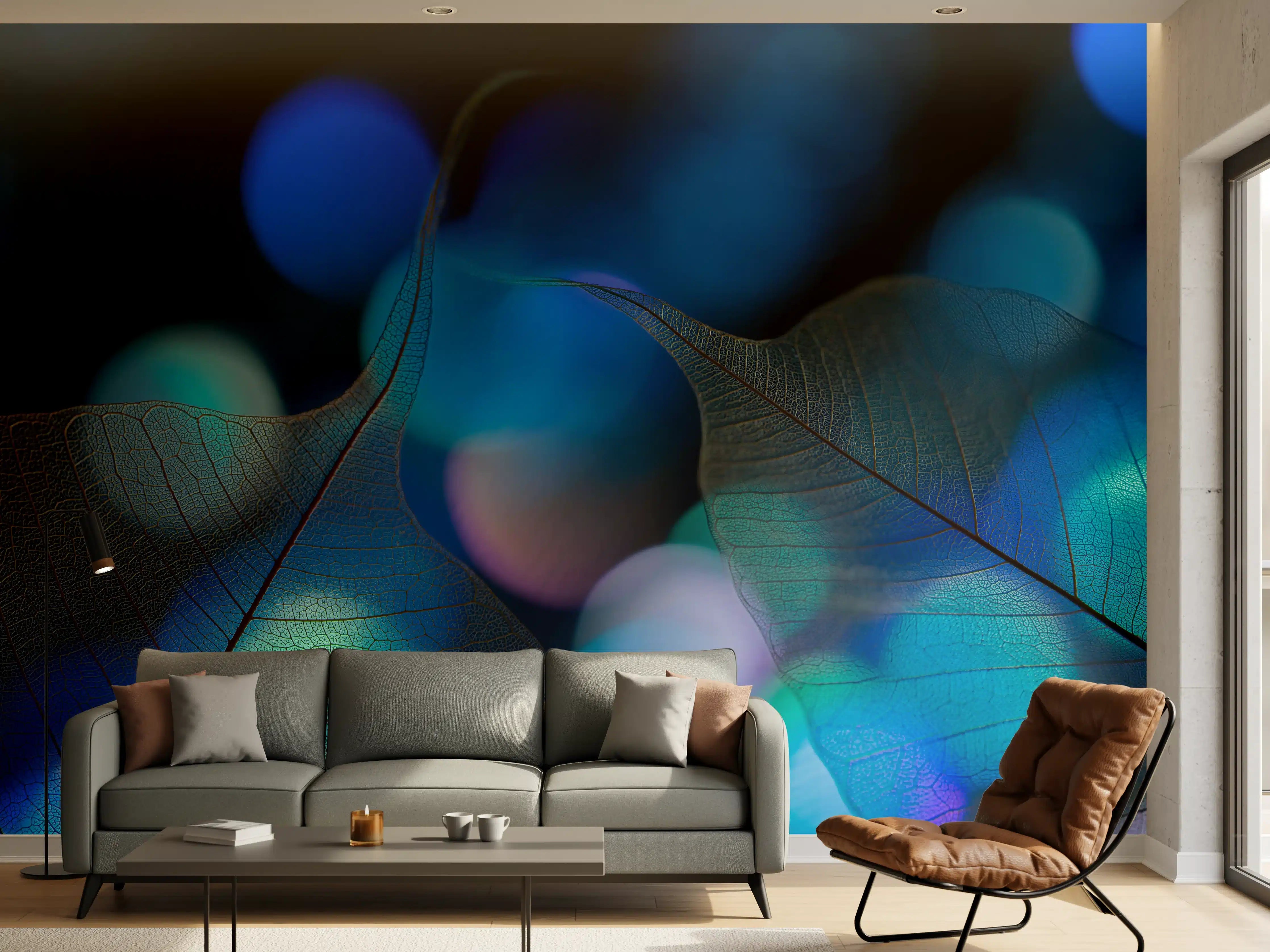 Wandverkleidung Wohnzimmer - Leuchtende Blätter im nächtlichen Lichtspiel