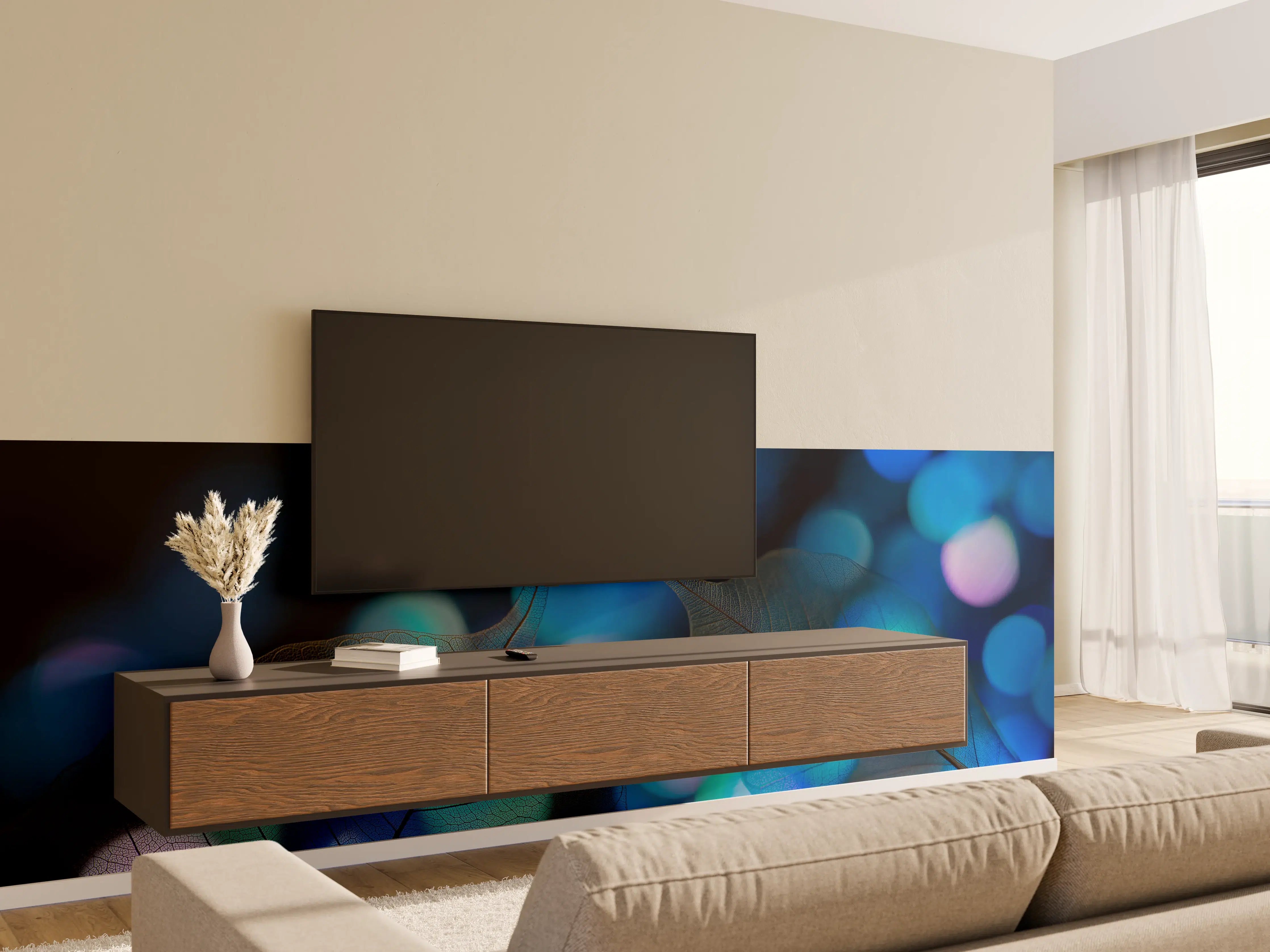 Wandverkleidung Wohnzimmer - Leuchtende Blätter im nächtlichen Lichtspiel