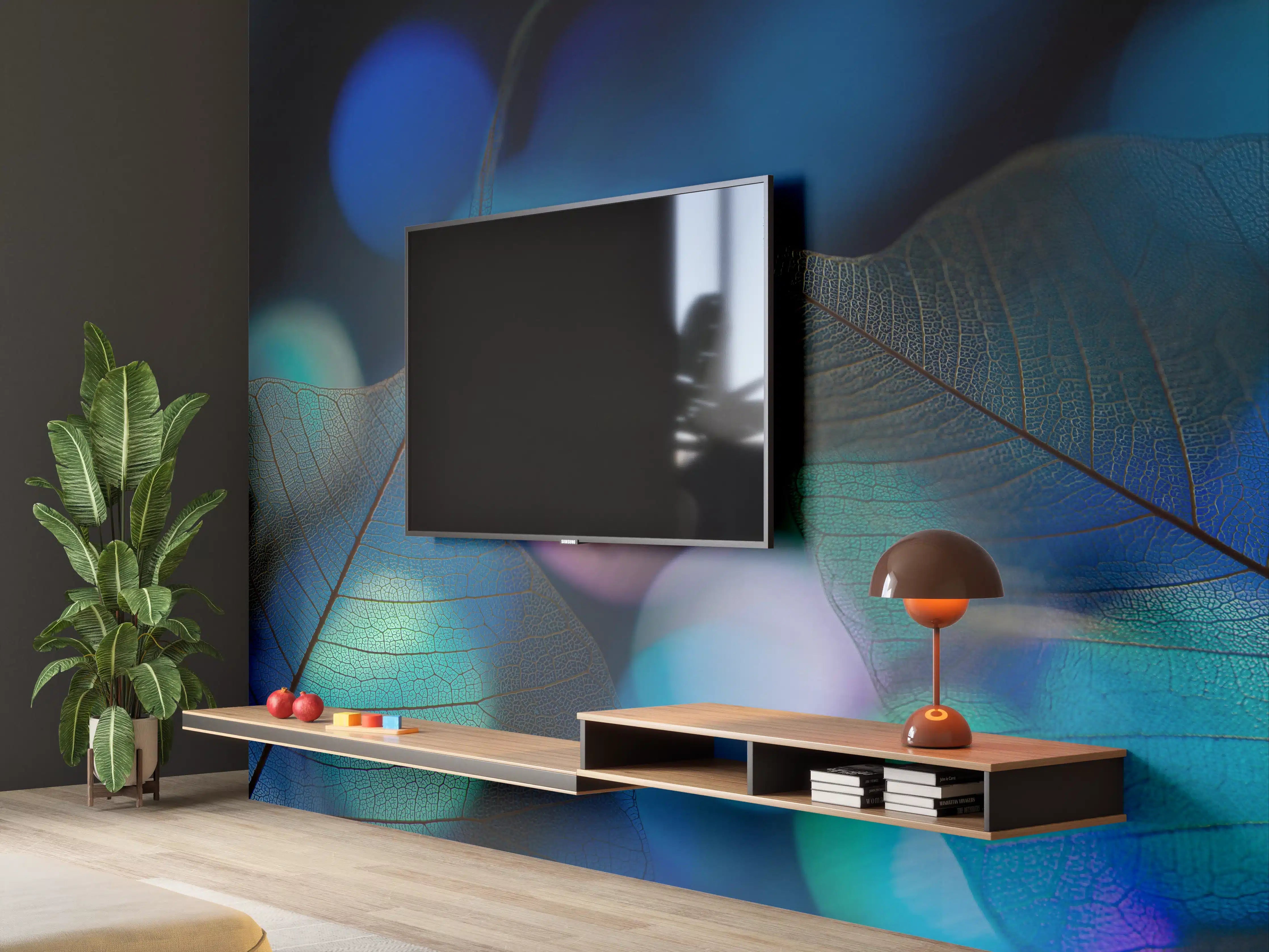 Wandverkleidung Wohnzimmer - Leuchtende Blätter im nächtlichen Lichtspiel