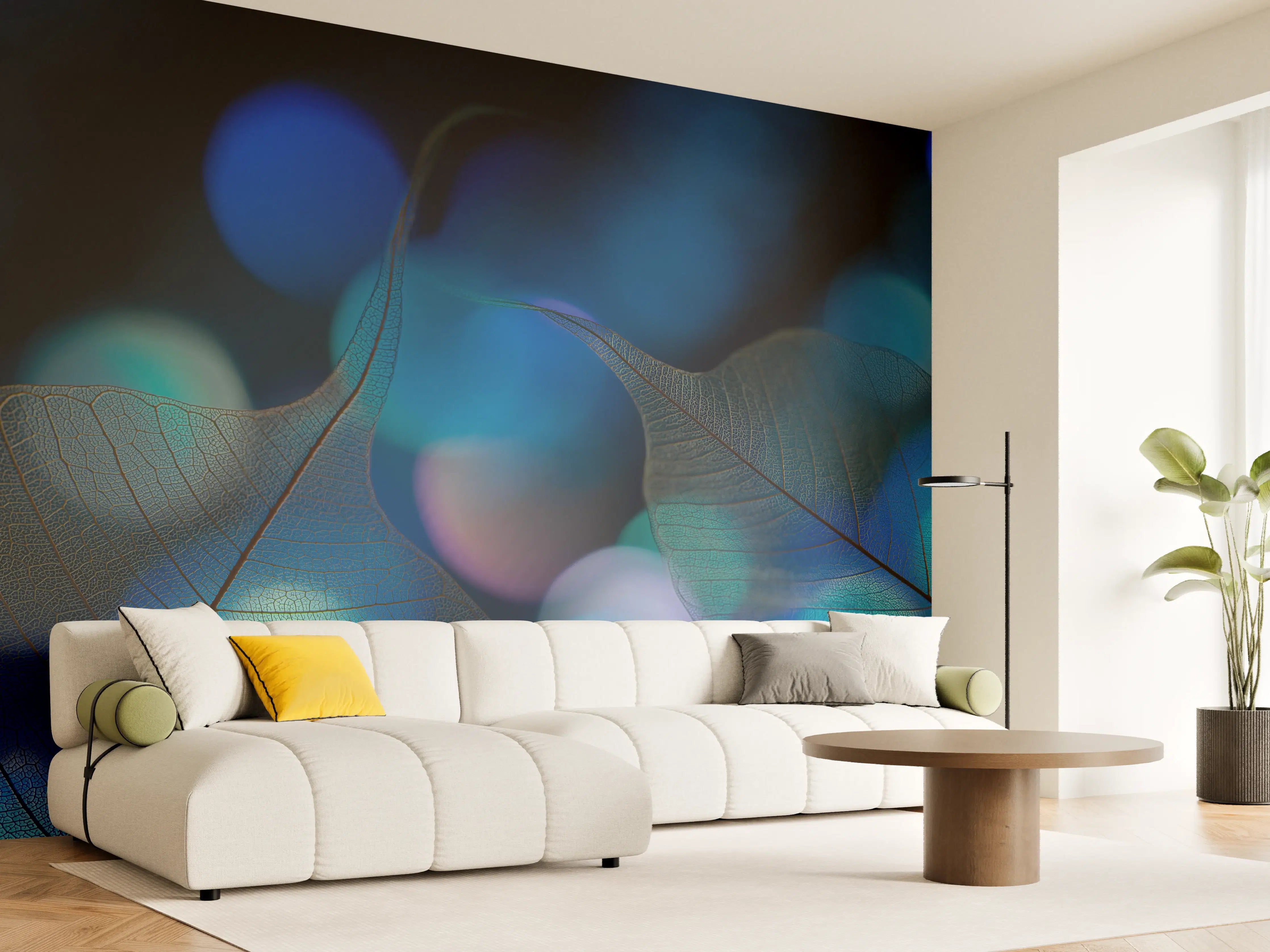 Wandverkleidung Wohnzimmer - Leuchtende Blätter im nächtlichen Lichtspiel