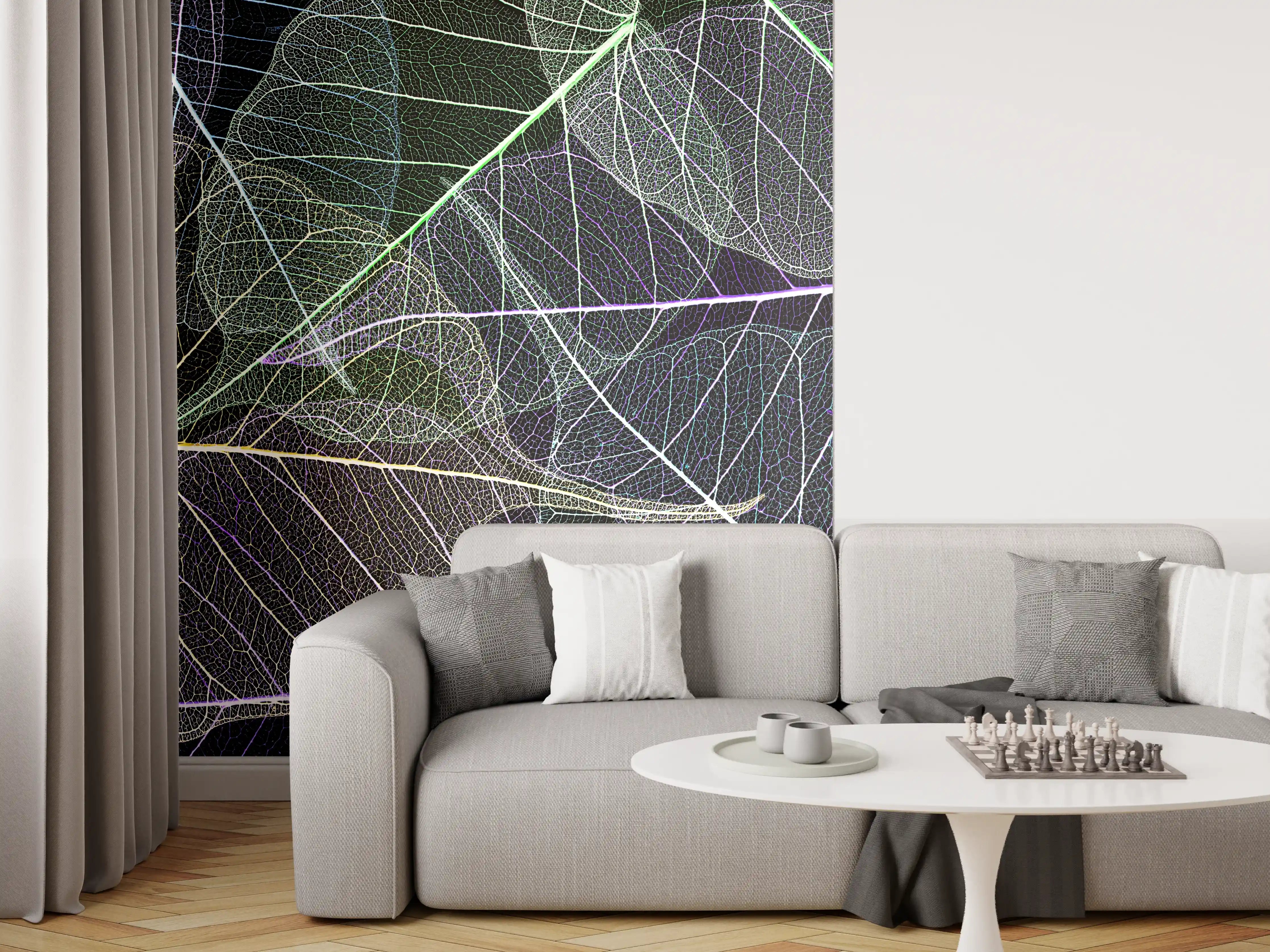 Wandverkleidung Wohnzimmer - Leuchtende Blätter in dunkler Nacht