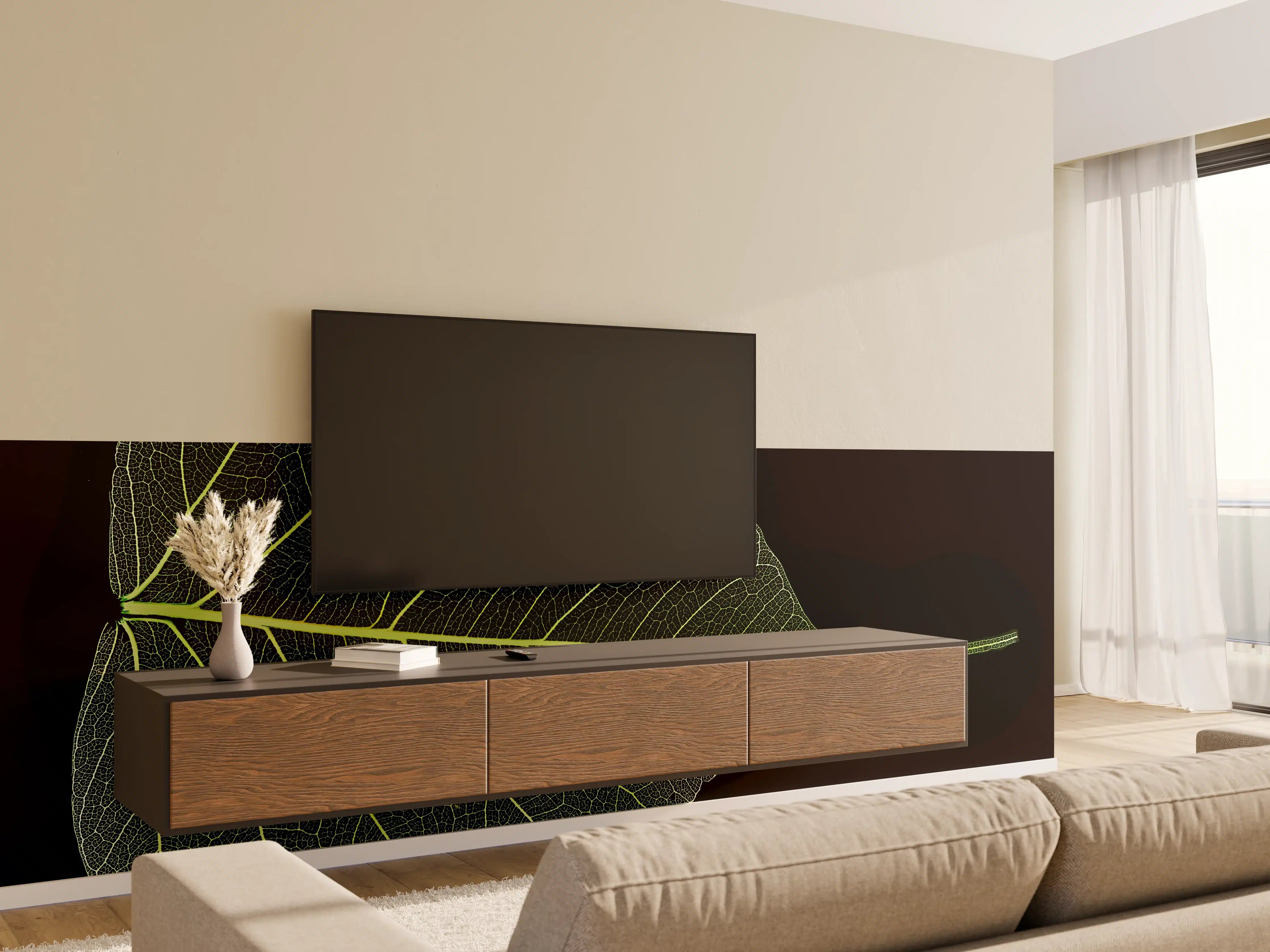 Wandverkleidung Wohnzimmer - Leuchtende Blattstruktur auf schwarzem Hintergrund