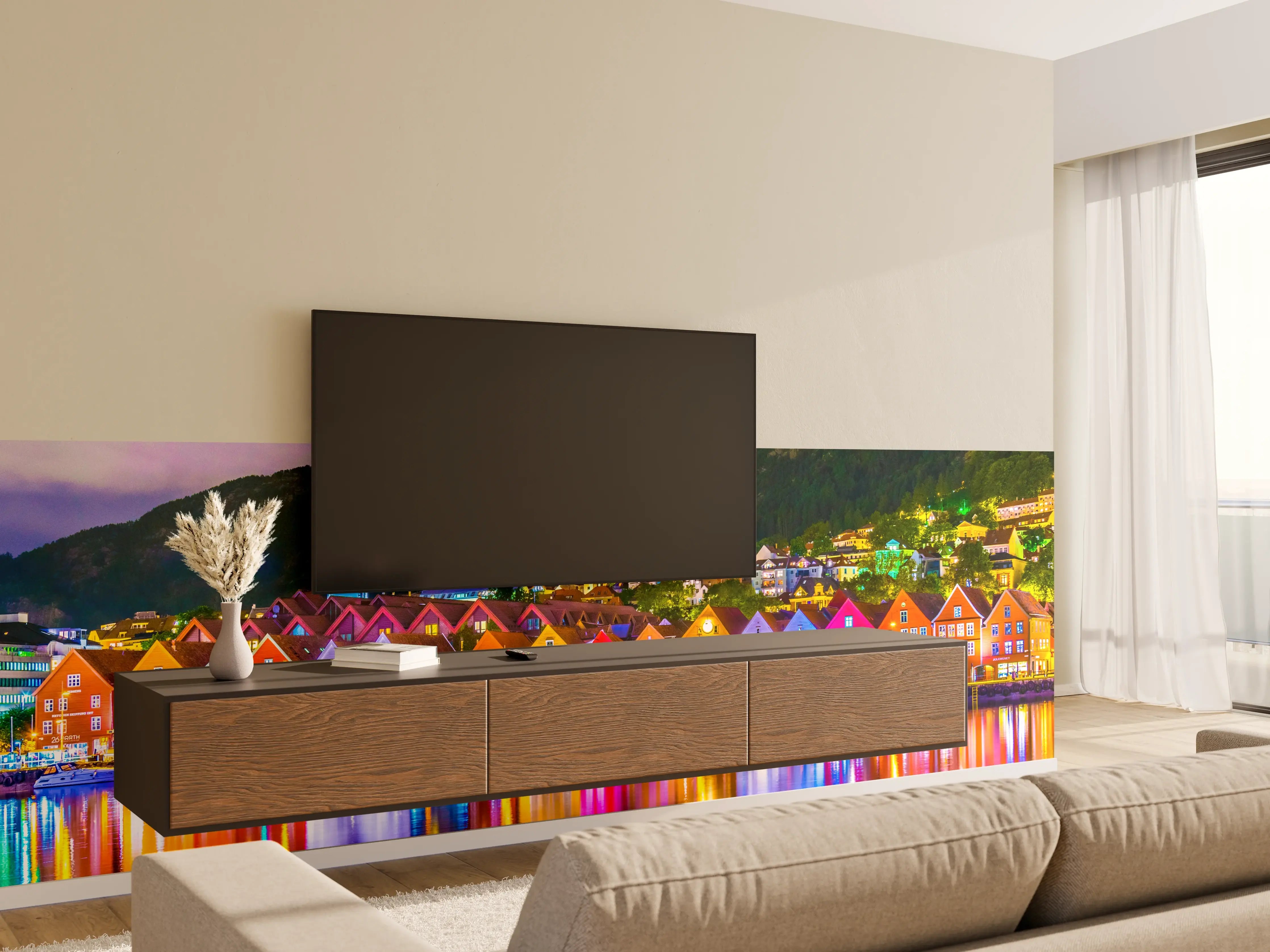 Wandverkleidung Wohnzimmer - Leuchtende Häuser am Hafen bei Nacht