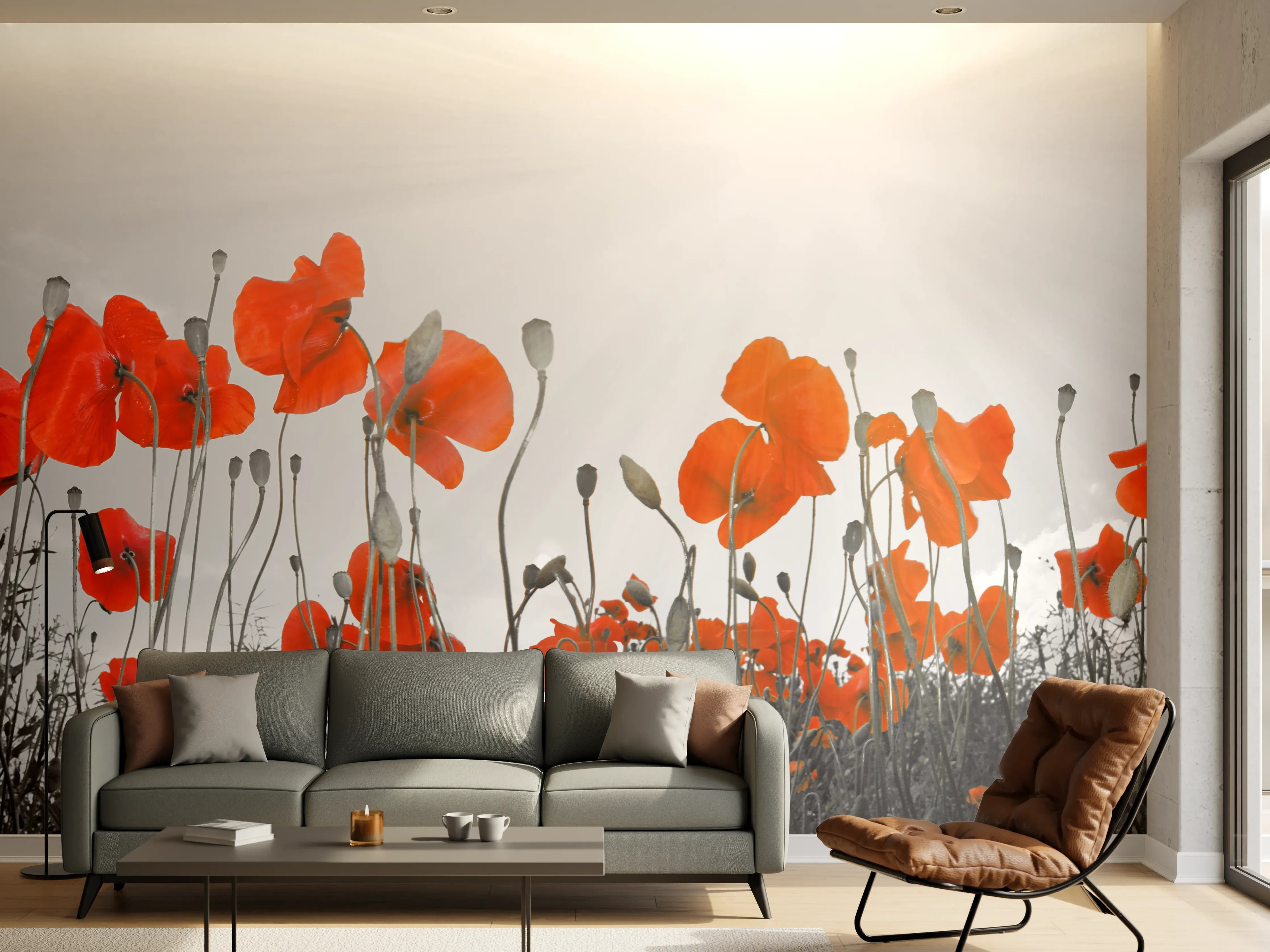 Wandverkleidung Wohnzimmer - Leuchtende Mohnblumen im Sonnenlicht