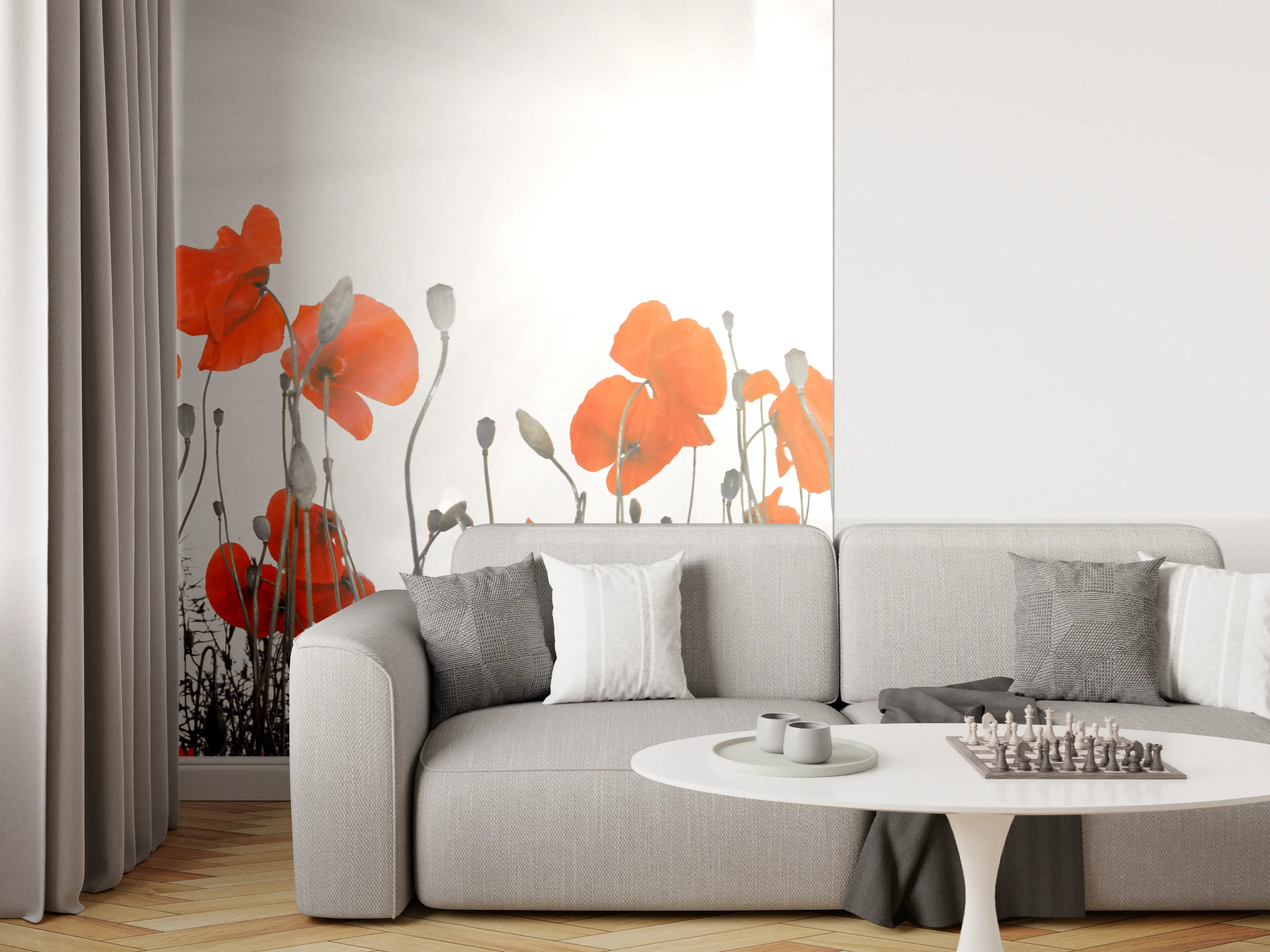 Wandverkleidung Wohnzimmer - Leuchtende Mohnblumen im Sonnenlicht