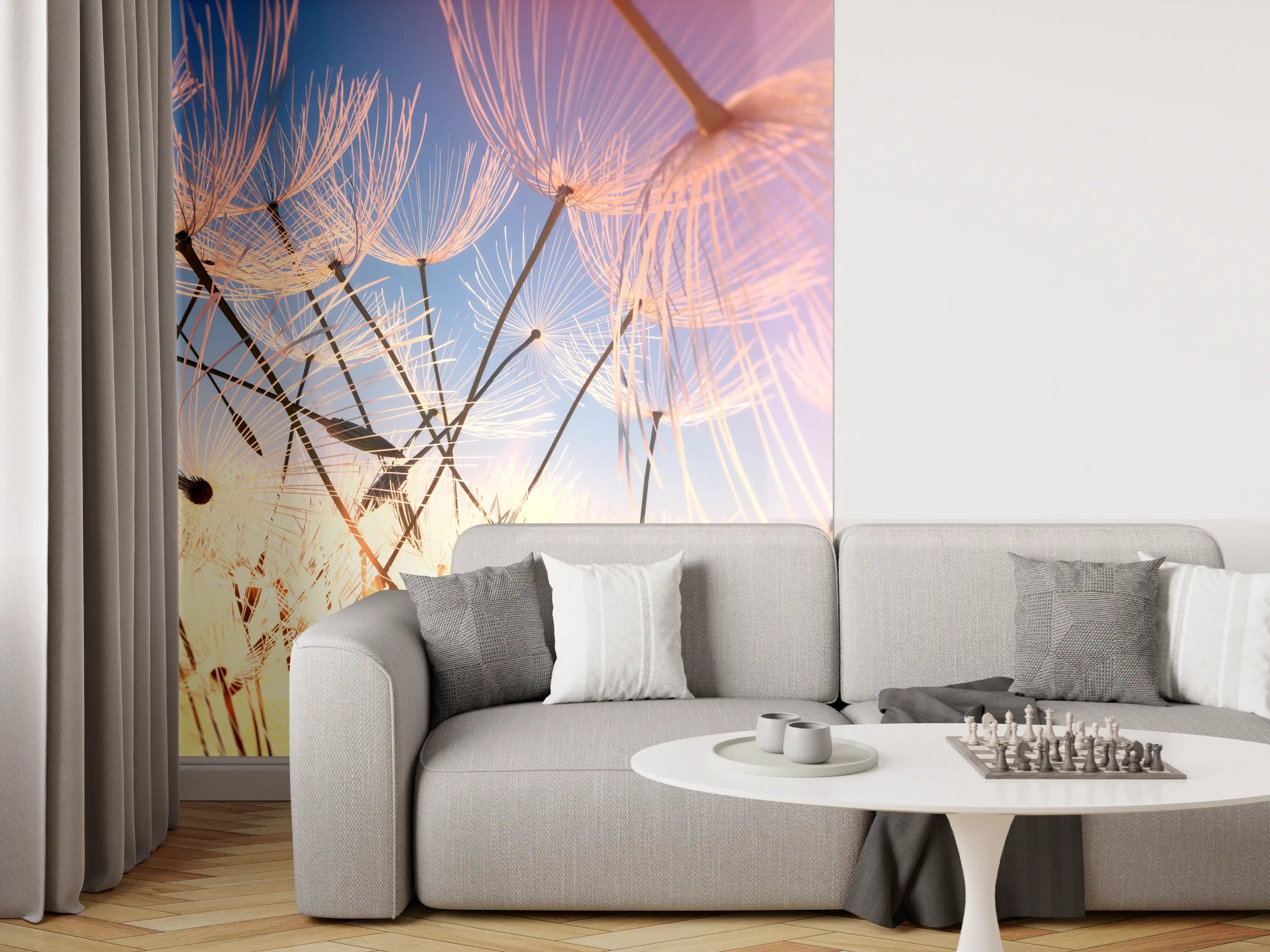 Wandverkleidung Wohnzimmer - Leuchtende Pusteblumen im Sonnenuntergang