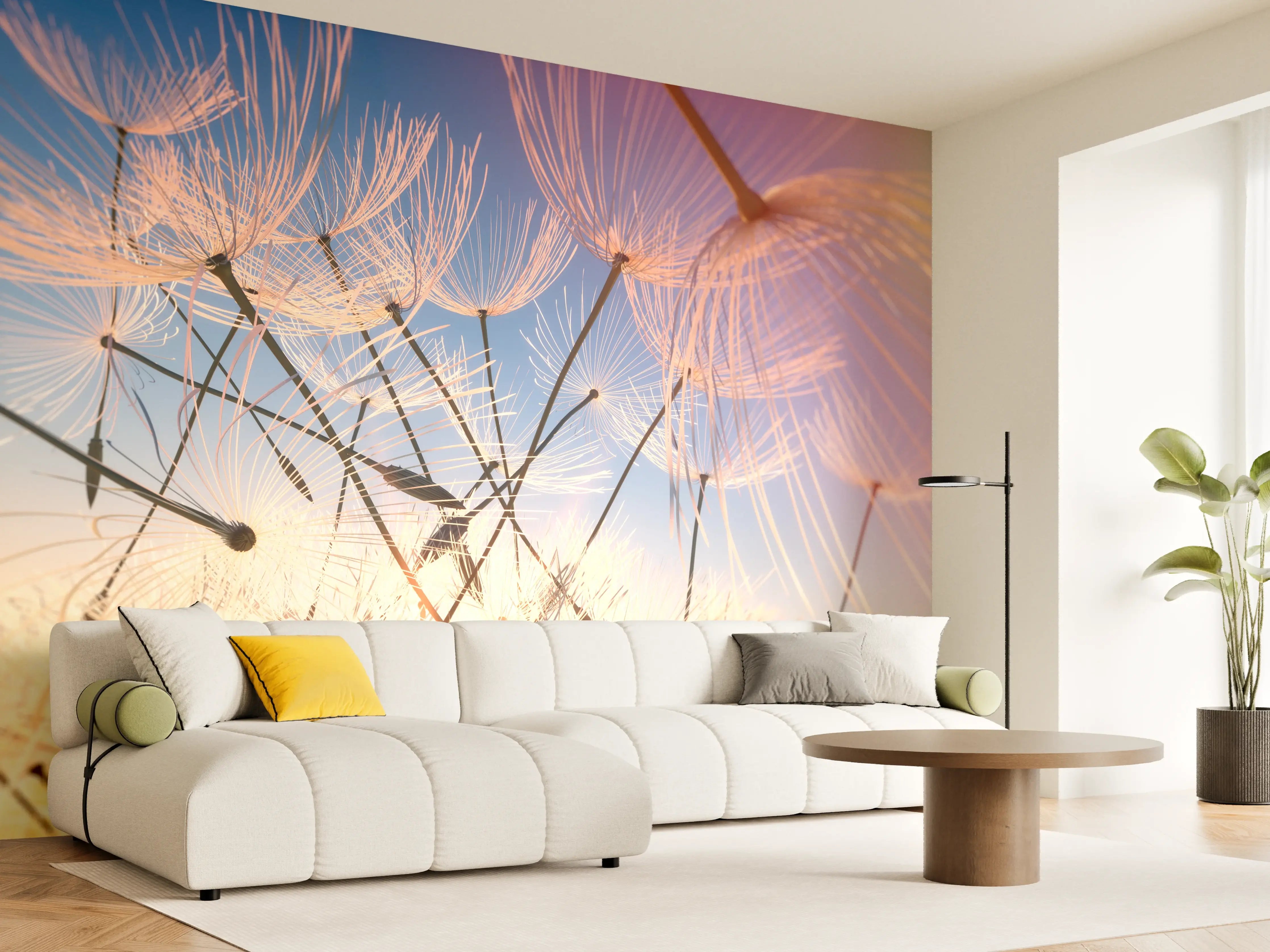 Wandverkleidung Wohnzimmer - Leuchtende Pusteblumen im Sonnenuntergang