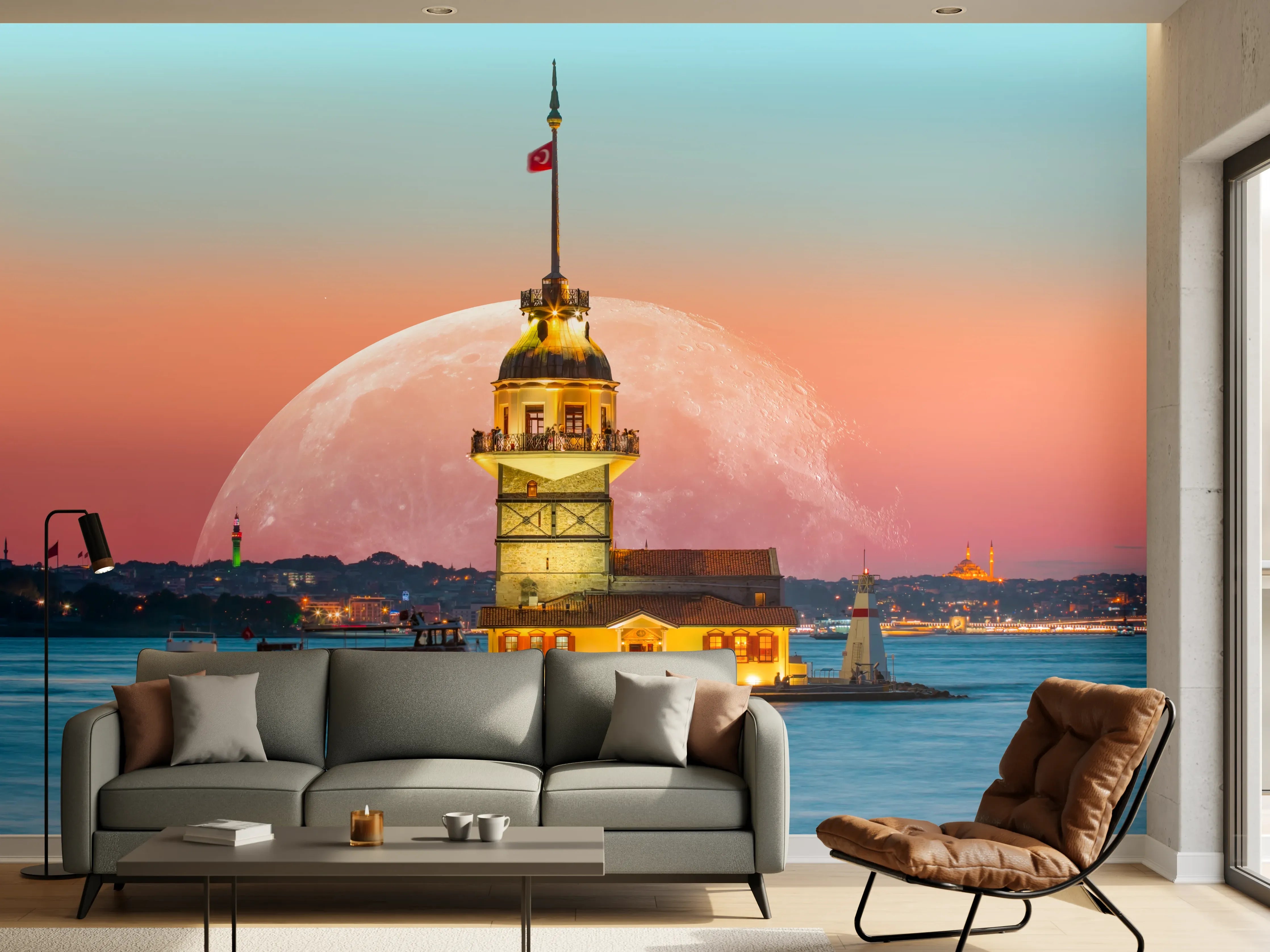 Wandverkleidung Wohnzimmer - Leuchtender Leuchtturm vor Vollmond bei Sonnenuntergang