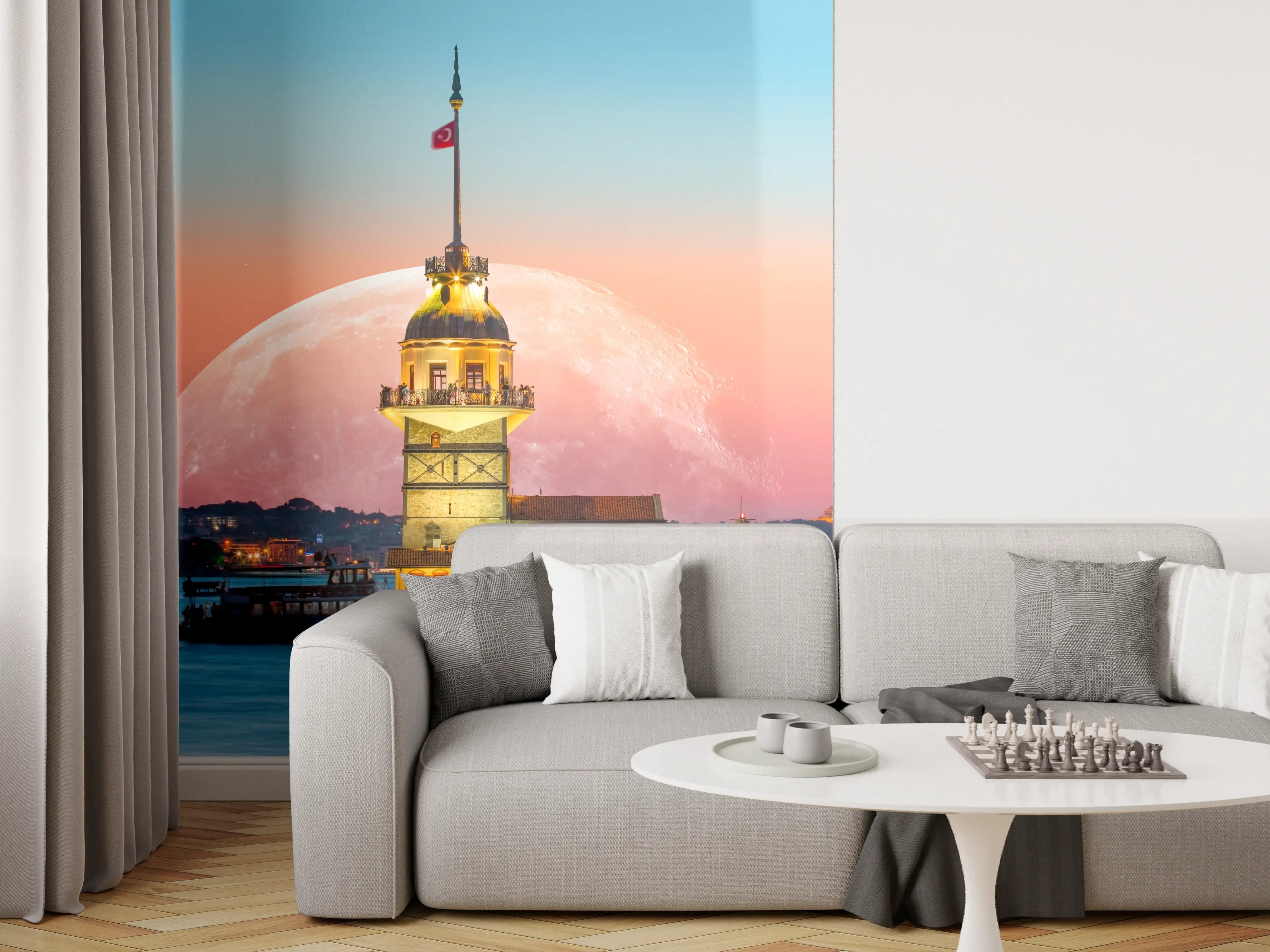 Wandverkleidung Wohnzimmer - Leuchtender Leuchtturm vor Vollmond bei Sonnenuntergang