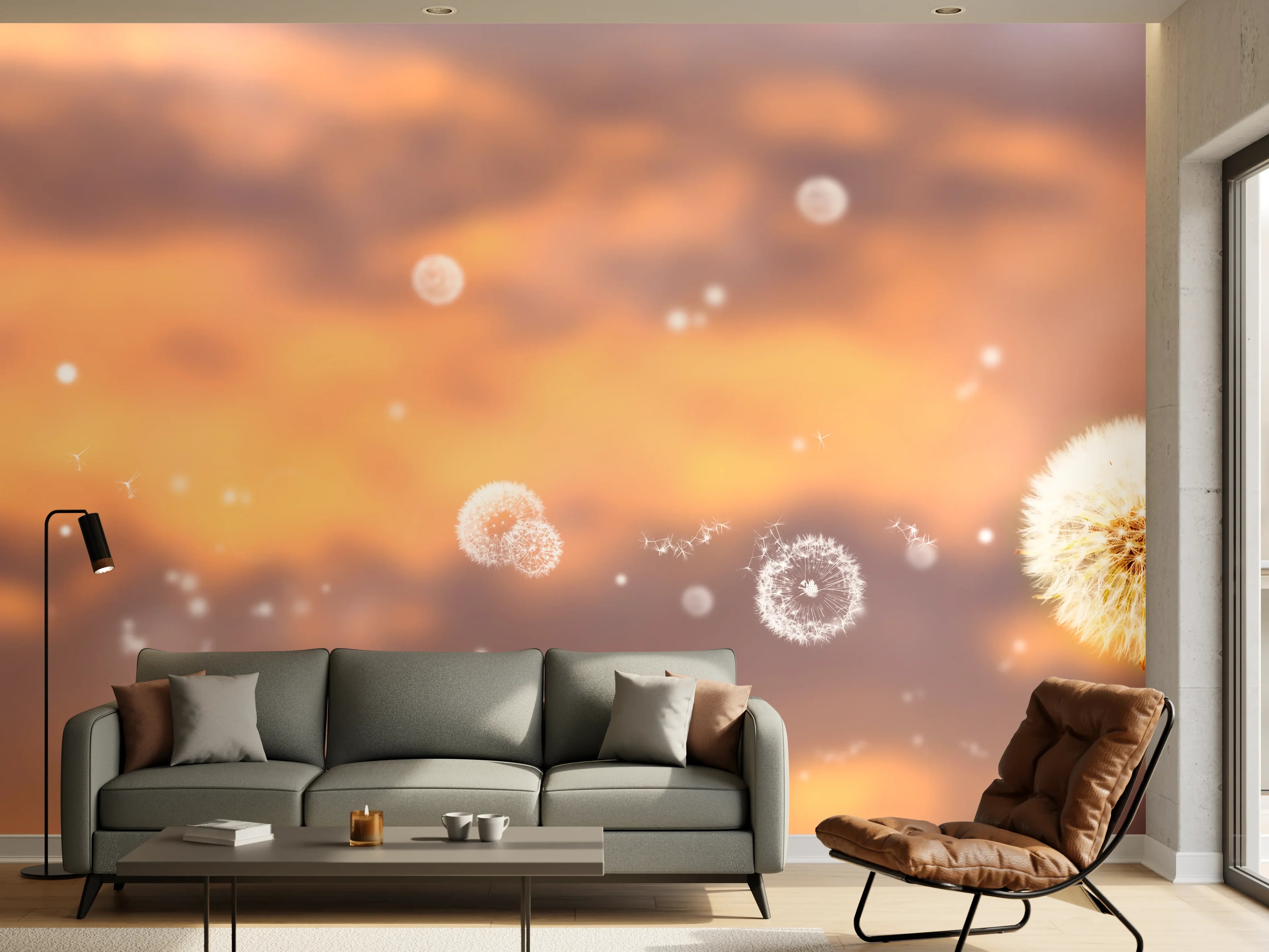 Wandverkleidung Wohnzimmer - Leuchtender Löwenzahn vor Sonnenuntergang