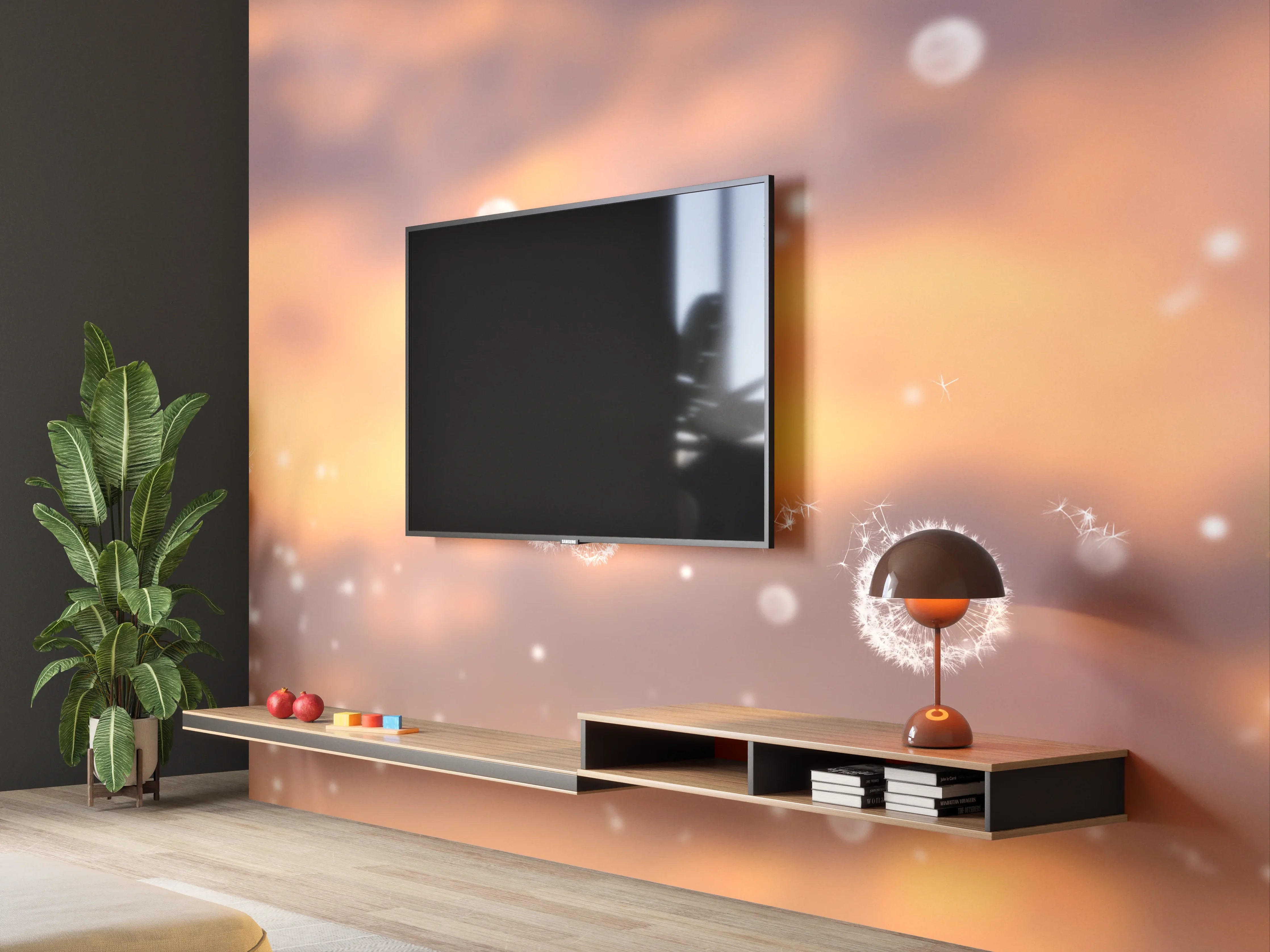 Wandverkleidung Wohnzimmer - Leuchtender Löwenzahn vor Sonnenuntergang