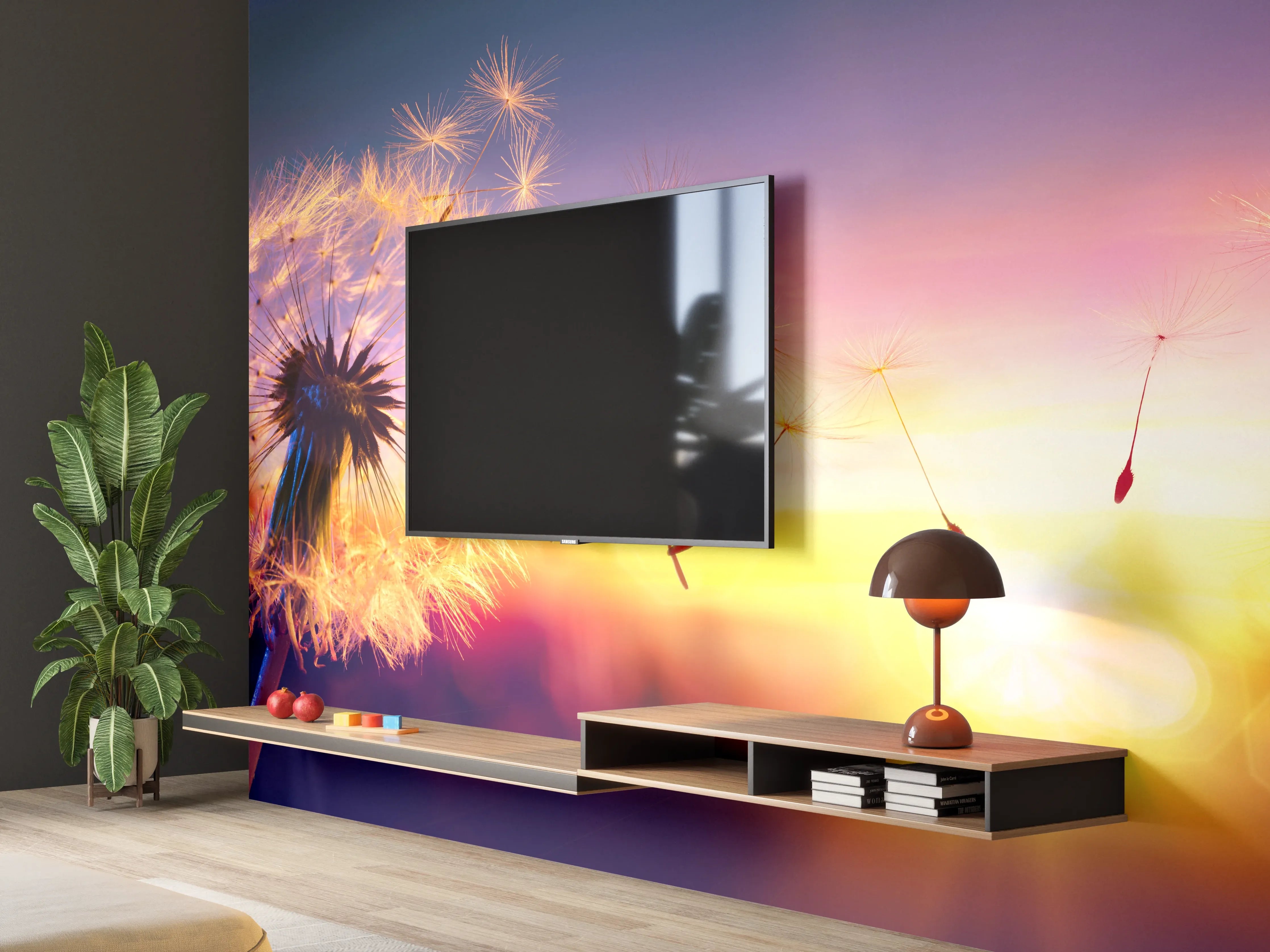 Wandverkleidung Wohnzimmer - Leuchtender Pusteblumen-Sonnenuntergang