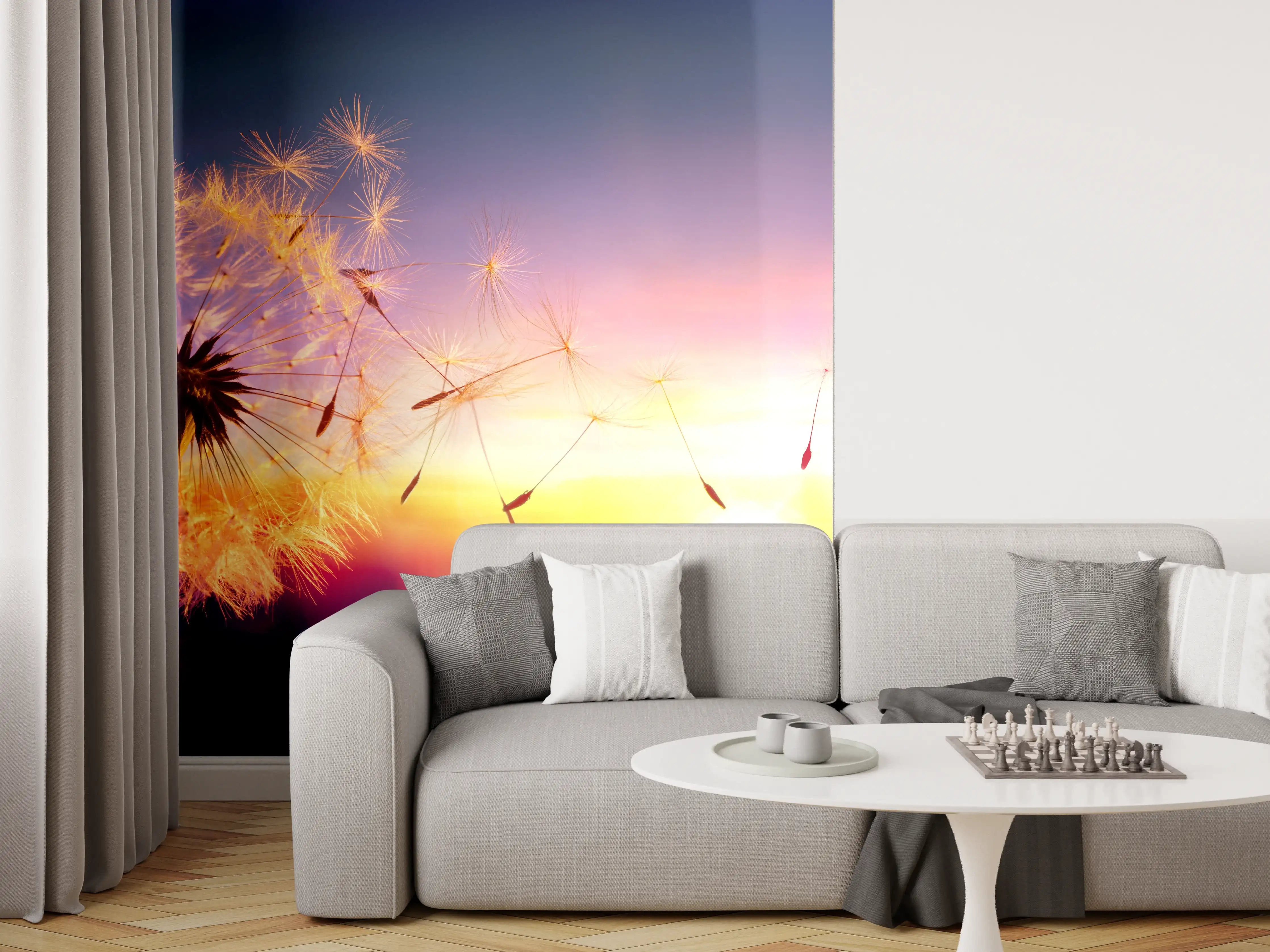 Wandverkleidung Wohnzimmer - Leuchtender Pusteblumen-Sonnenuntergang
