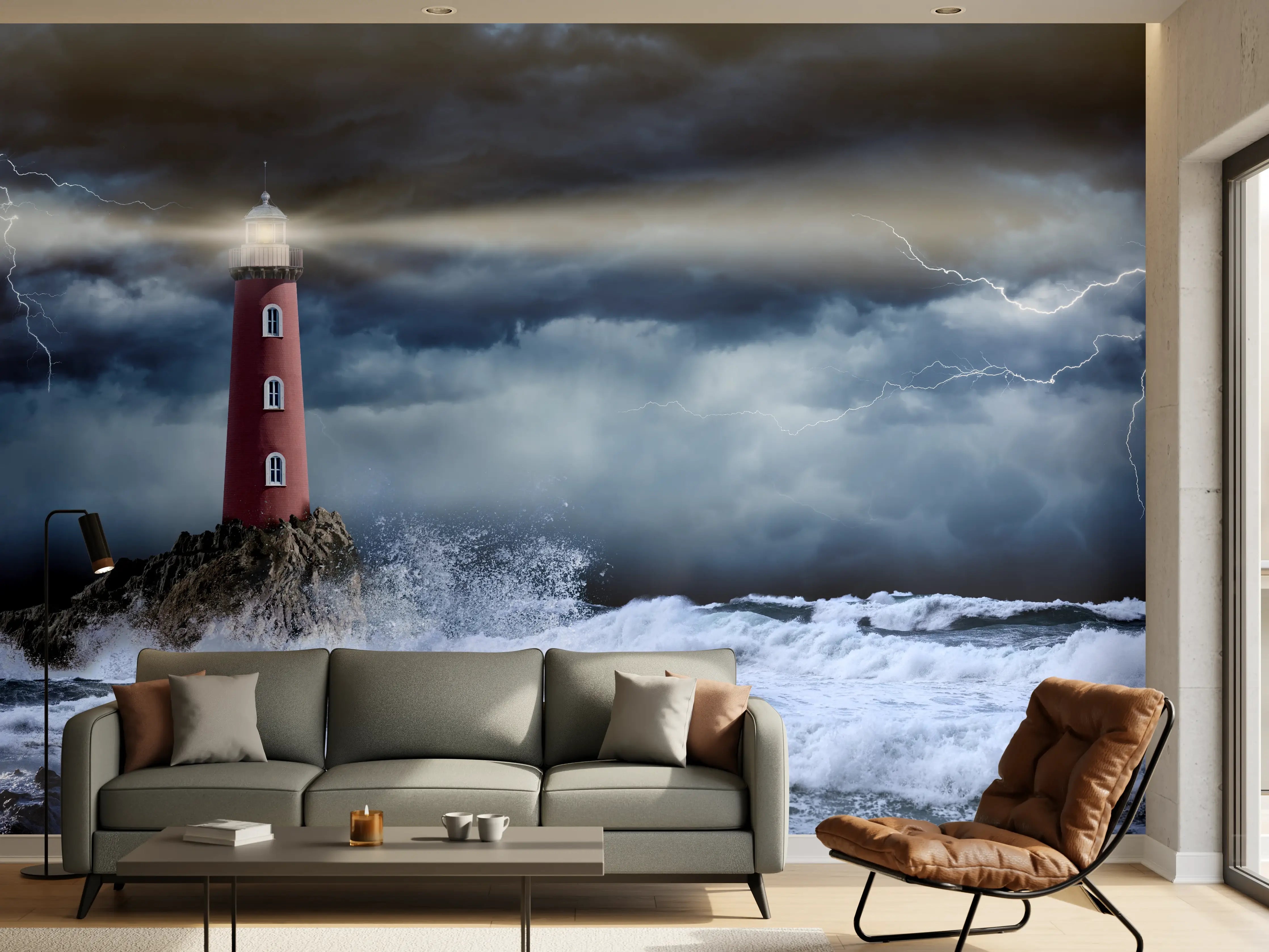 Wandverkleidung Wohnzimmer - Leuchtturm Stürmisch