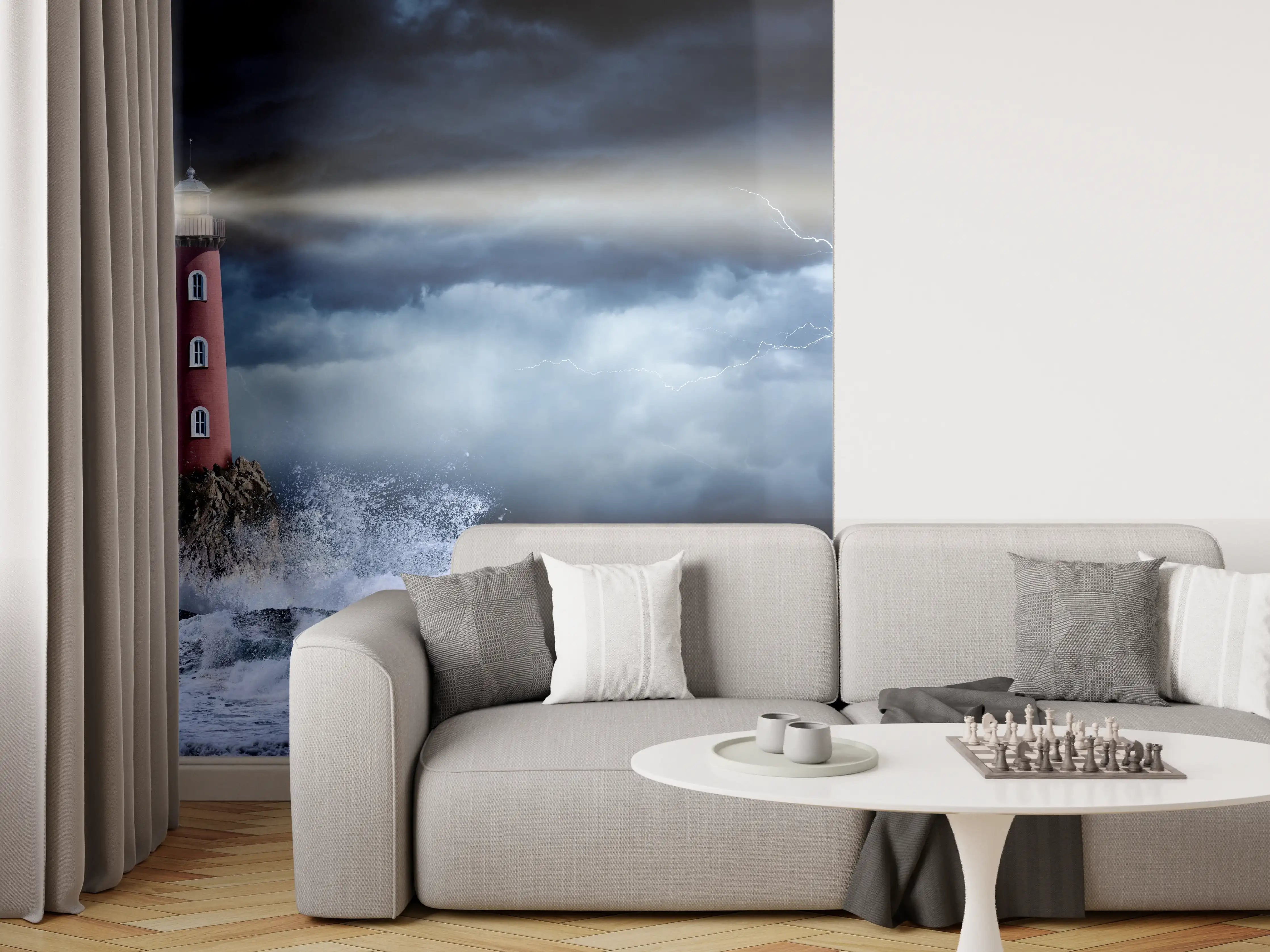 Wandverkleidung Wohnzimmer - Leuchtturm Stürmisch