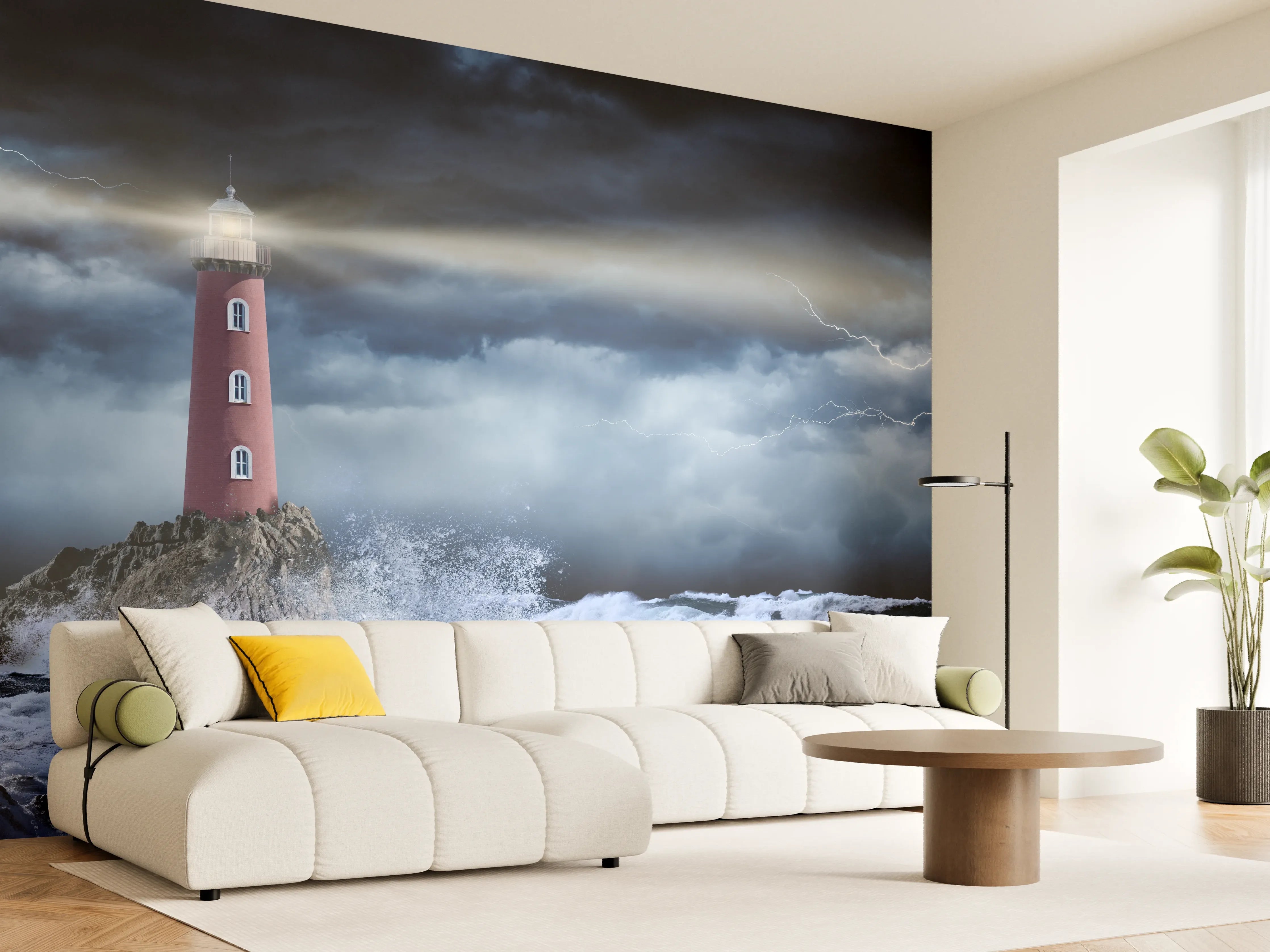 Wandverkleidung Wohnzimmer - Leuchtturm Stürmisch