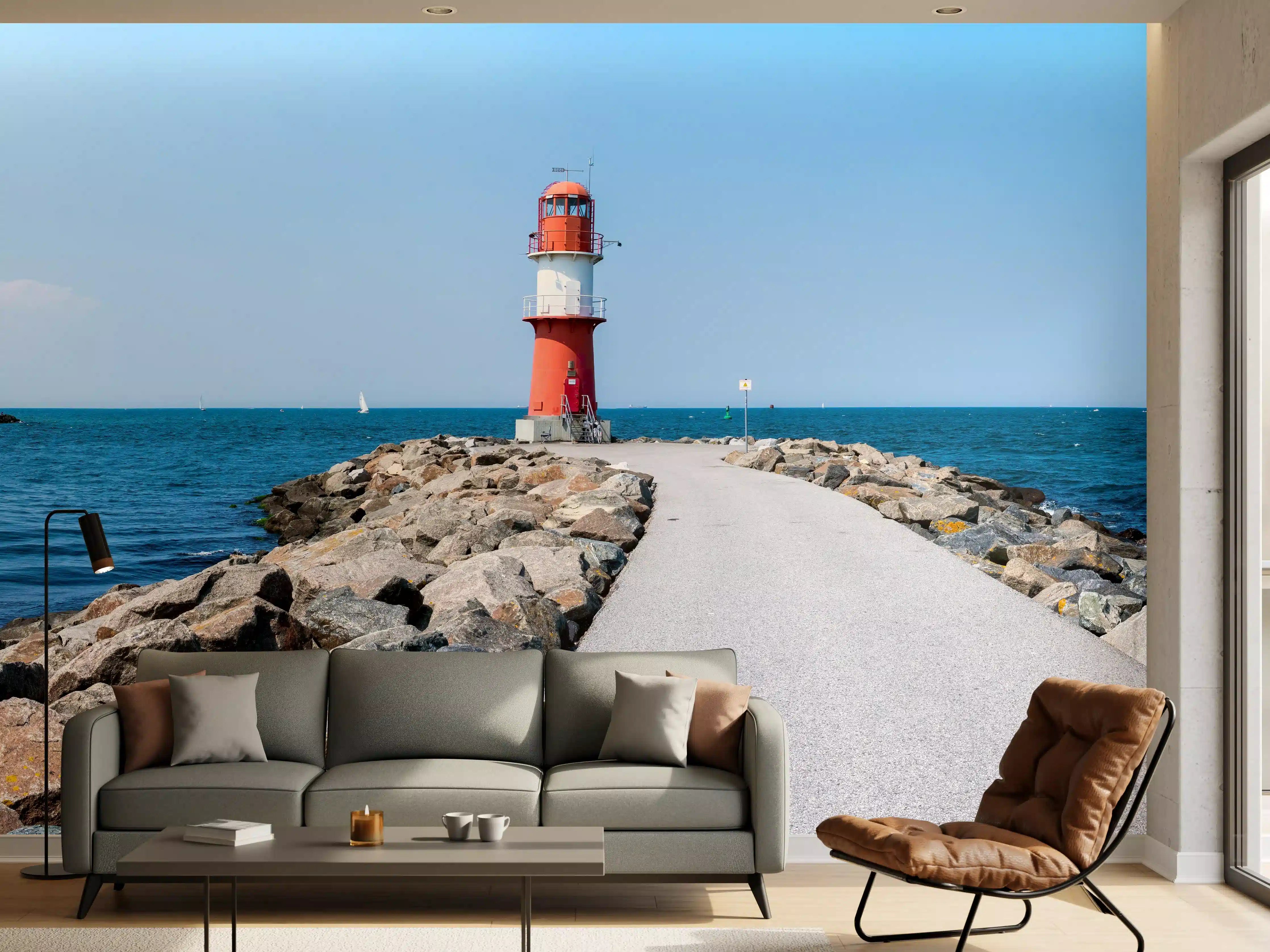 Wandverkleidung Wohnzimmer - Leuchtturm am Meer