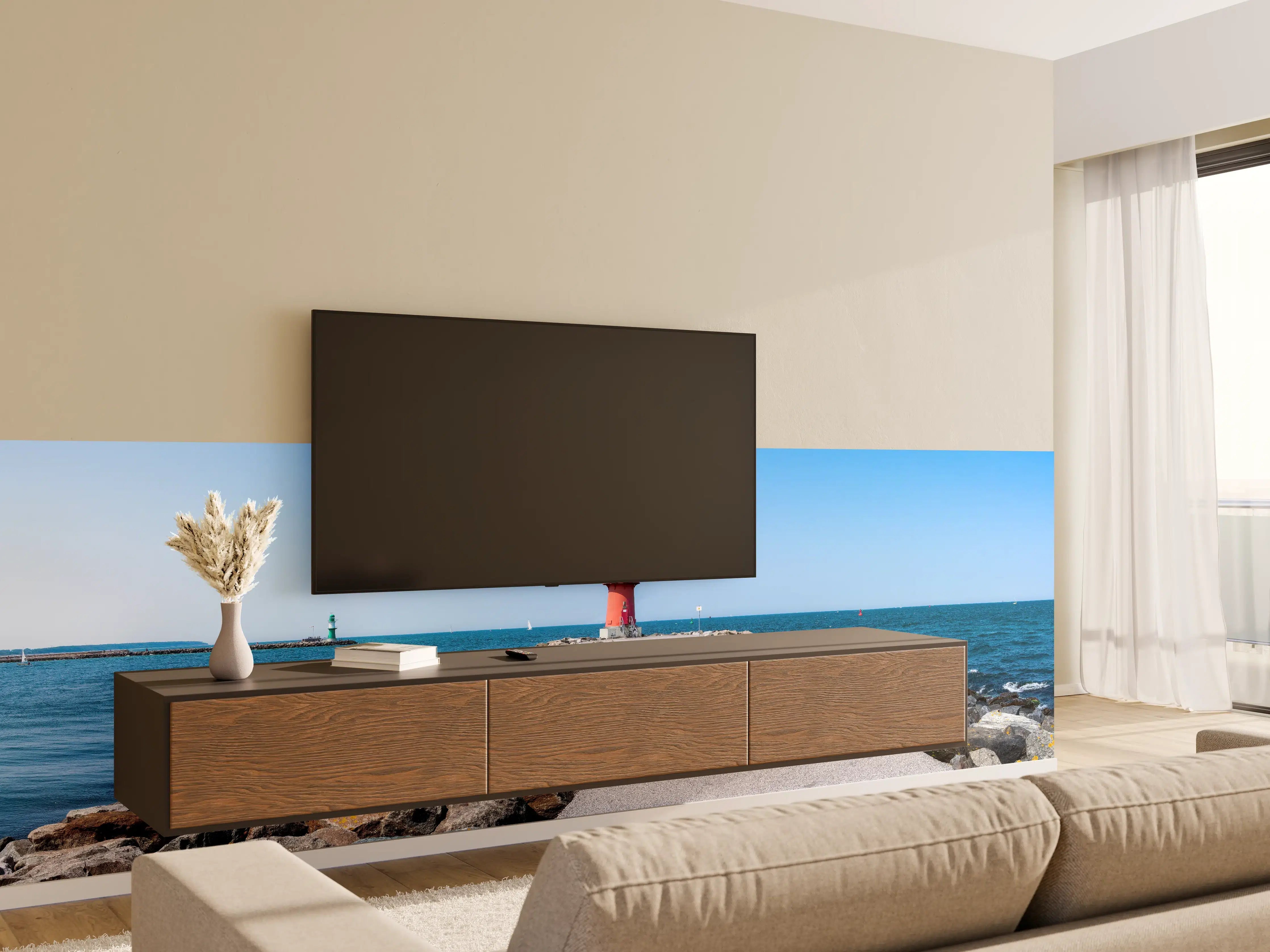Wandverkleidung Wohnzimmer - Leuchtturm am Meer
