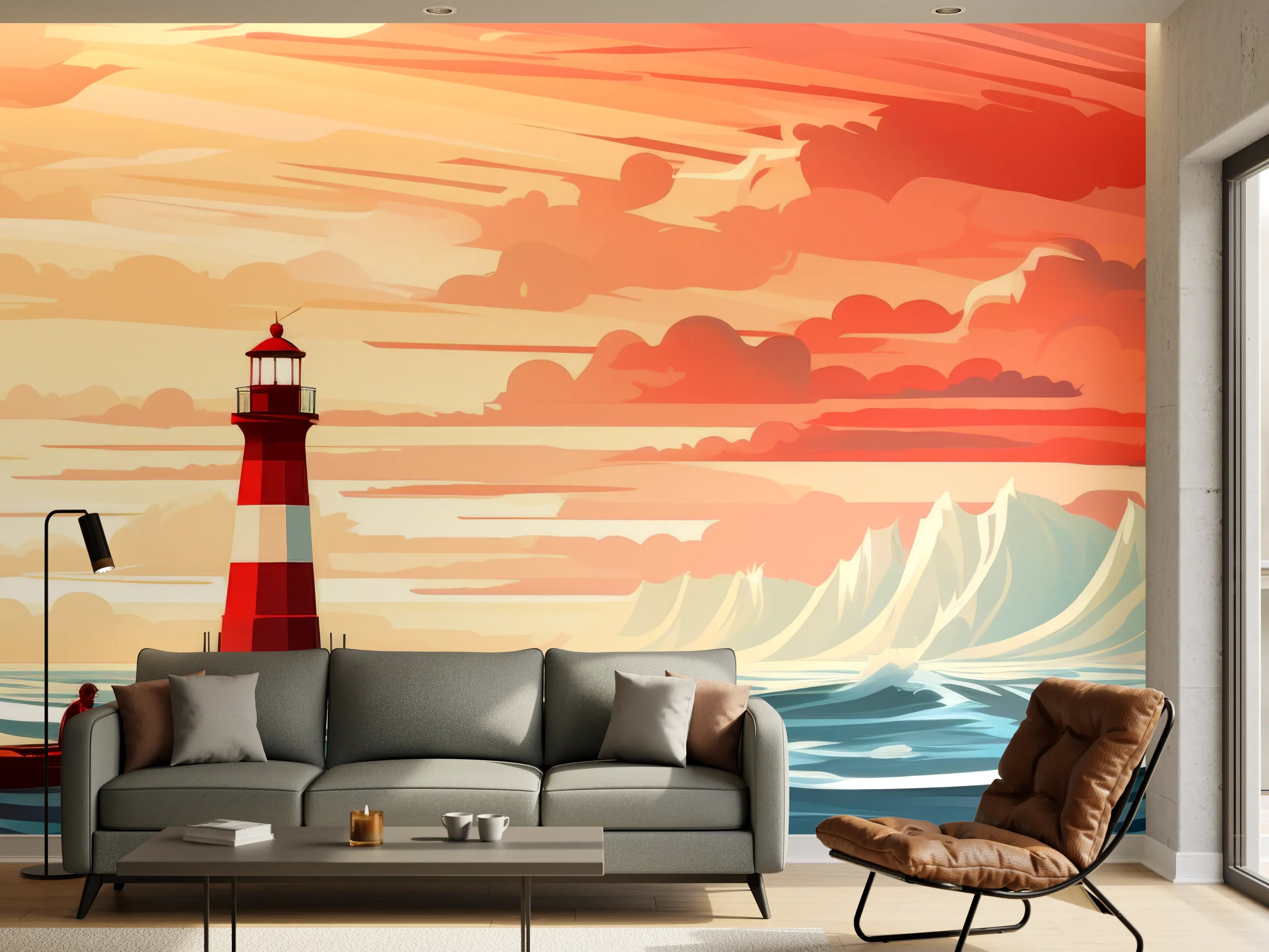Wandverkleidung Wohnzimmer - Leuchtturm am Sonnenuntergang
