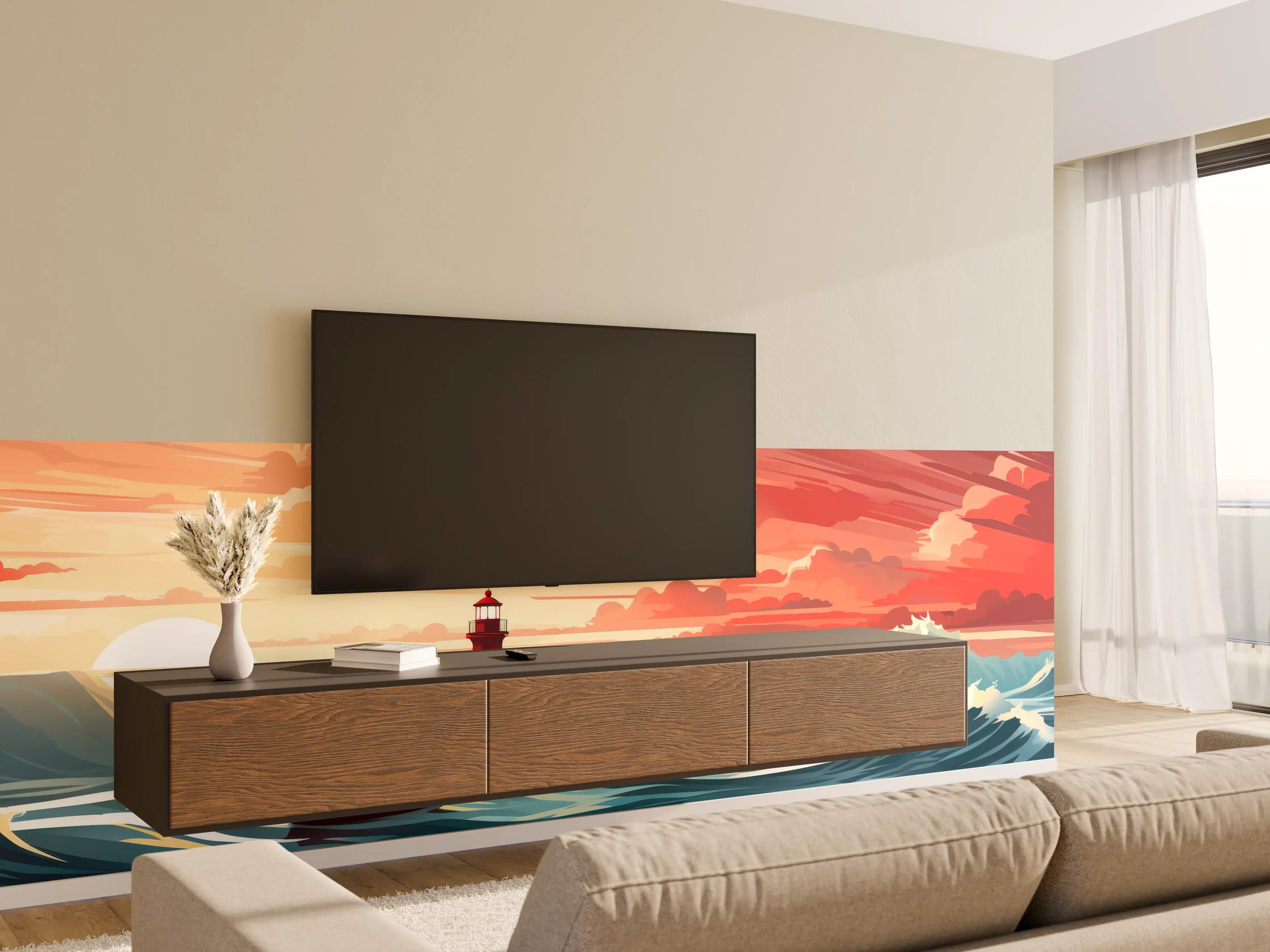 Wandverkleidung Wohnzimmer - Leuchtturm am Sonnenuntergang