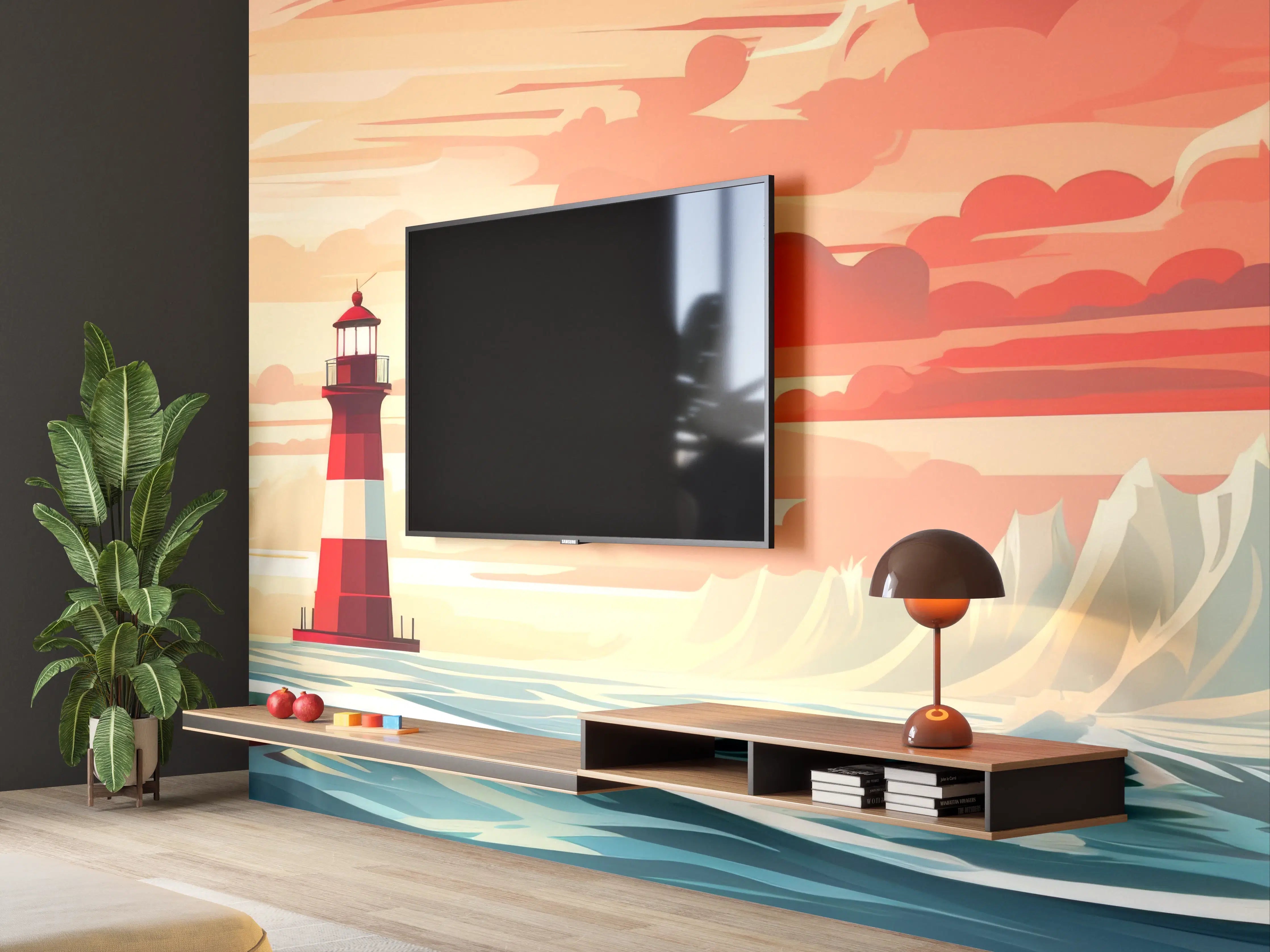 Wandverkleidung Wohnzimmer - Leuchtturm am Sonnenuntergang