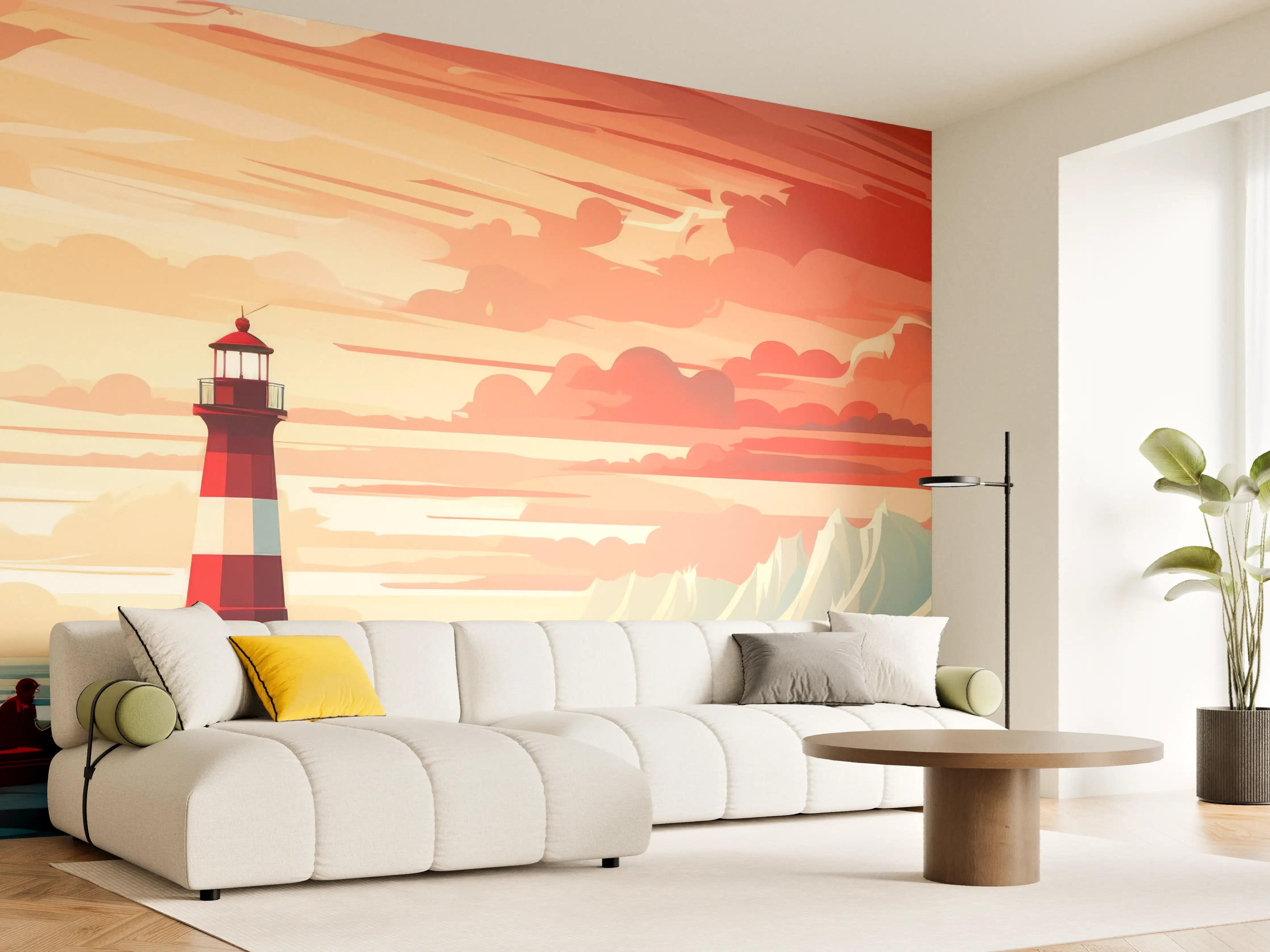 Wandverkleidung Wohnzimmer - Leuchtturm am Sonnenuntergang