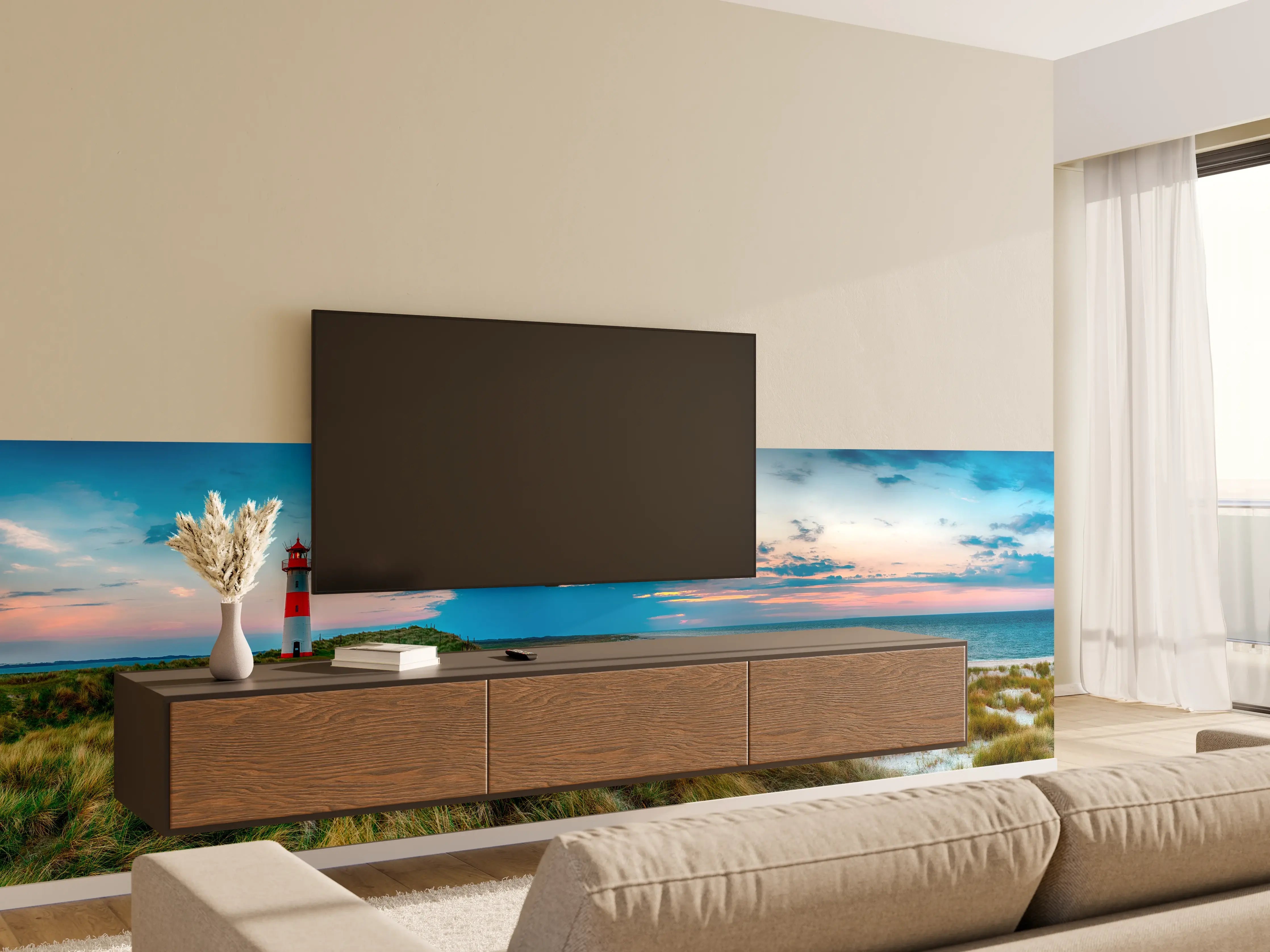 Wandverkleidung Wohnzimmer - Leuchtturm am Strand bei Sonnenuntergang
