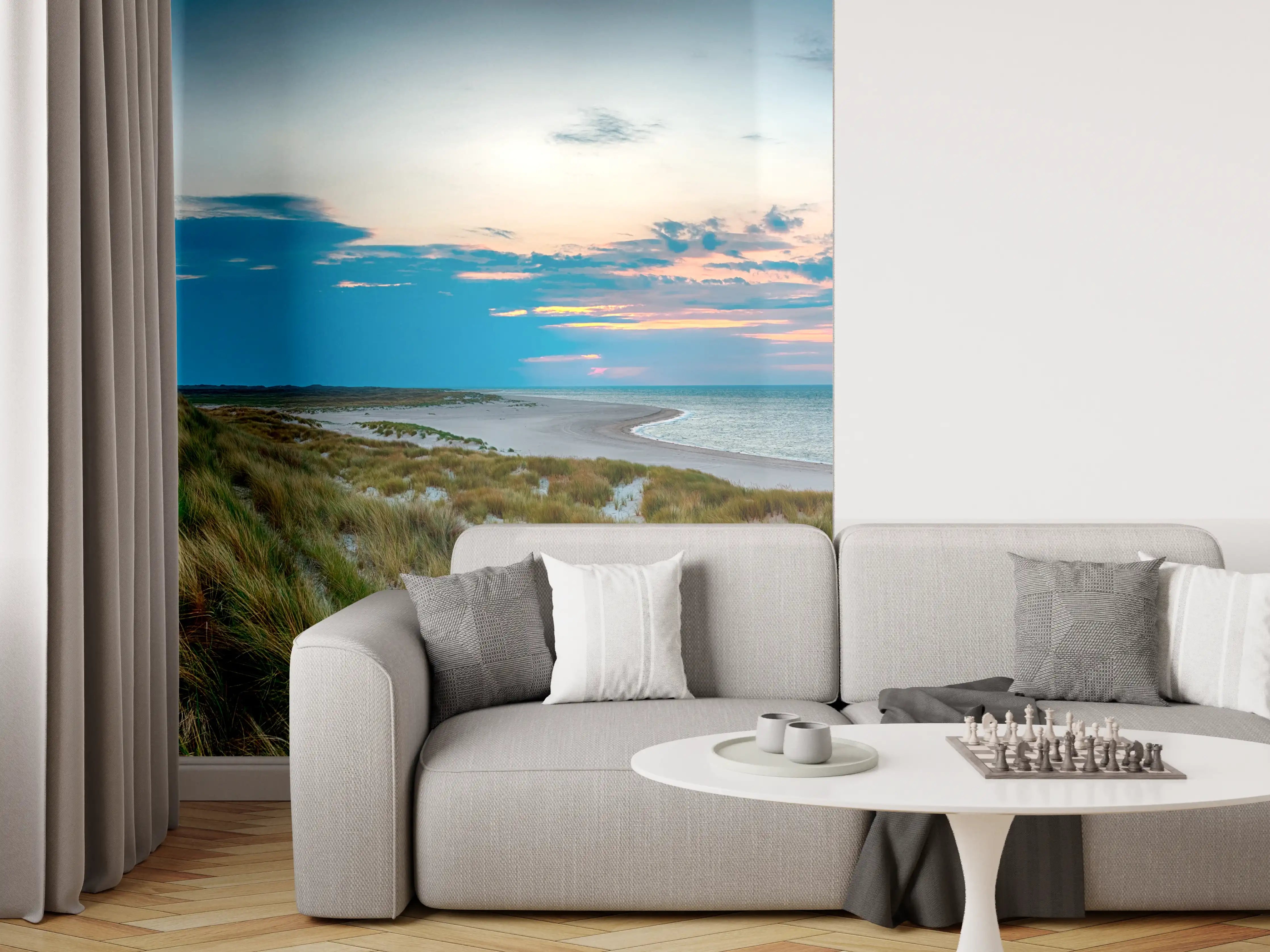 Wandverkleidung Wohnzimmer - Leuchtturm am Strand bei Sonnenuntergang